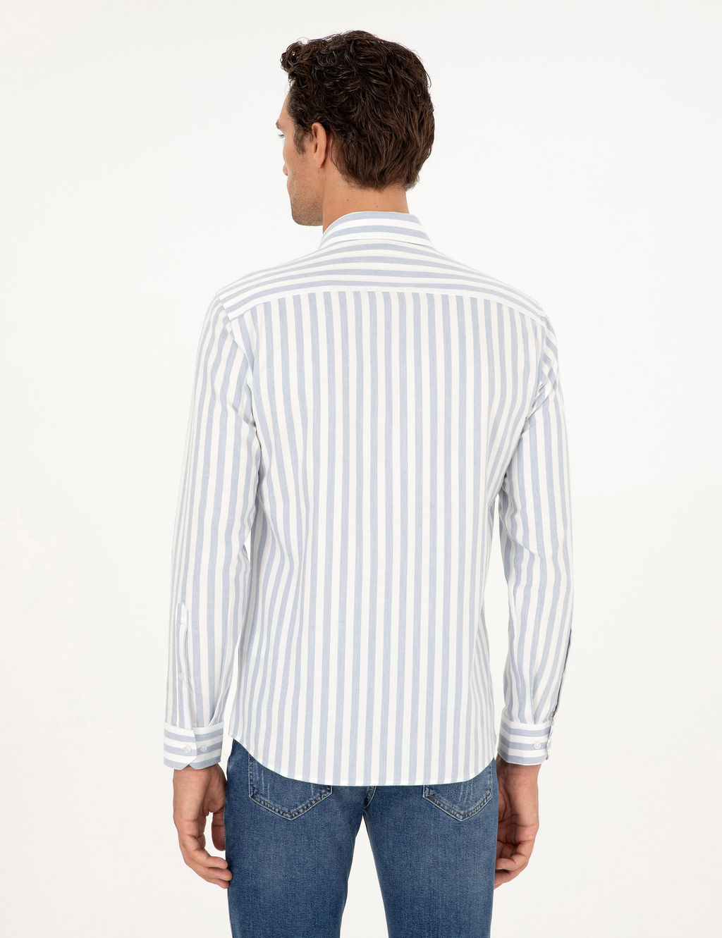 Синяя рубашка узкого кроя в полоску из смесового хлопка - Cacharel фото 5