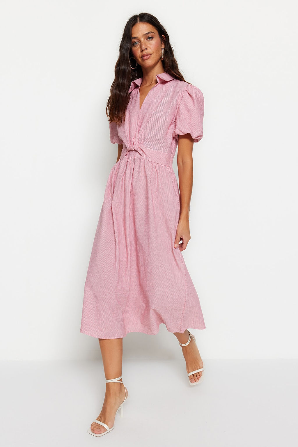 Pembe Cizgili Kruvaze Yaka Midi Dokuma Elbise TWOSS23EL02233