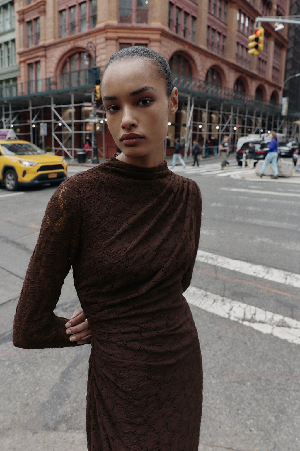 POINTELLE DRAPED MIDI DRESS