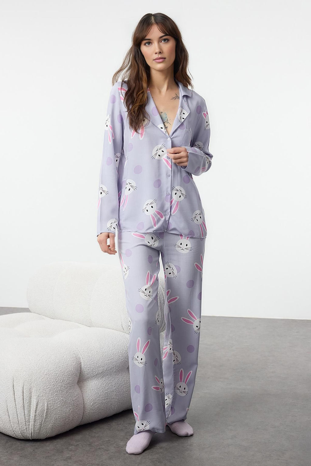 Trendyolmilla Cok Renkli Tavsan Desenli Viskon Dokuma Pijama Tak?m? THMAW21PT0048 фото 18