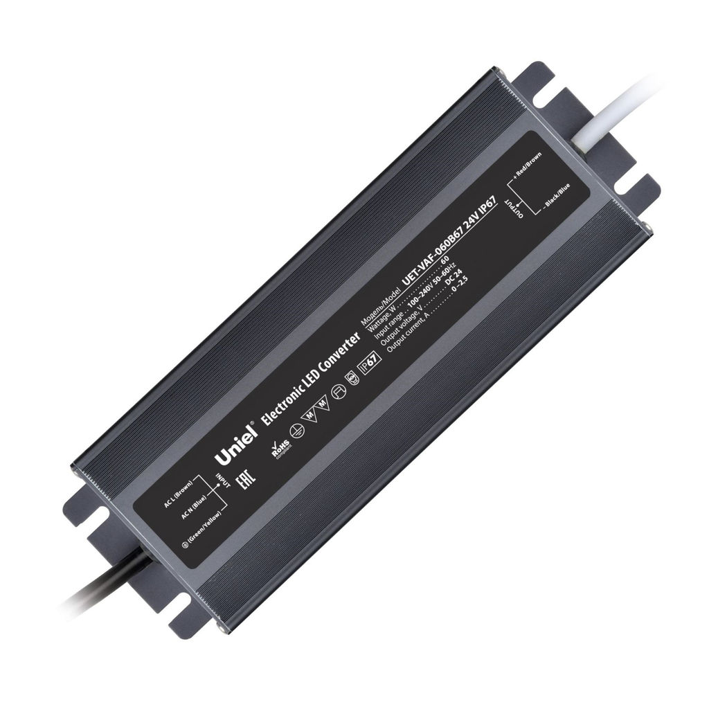 UET-VAF-060B67 24V IP67 Блок питания ультратонкий, 60Вт. Металлический корпус. TM Uniel