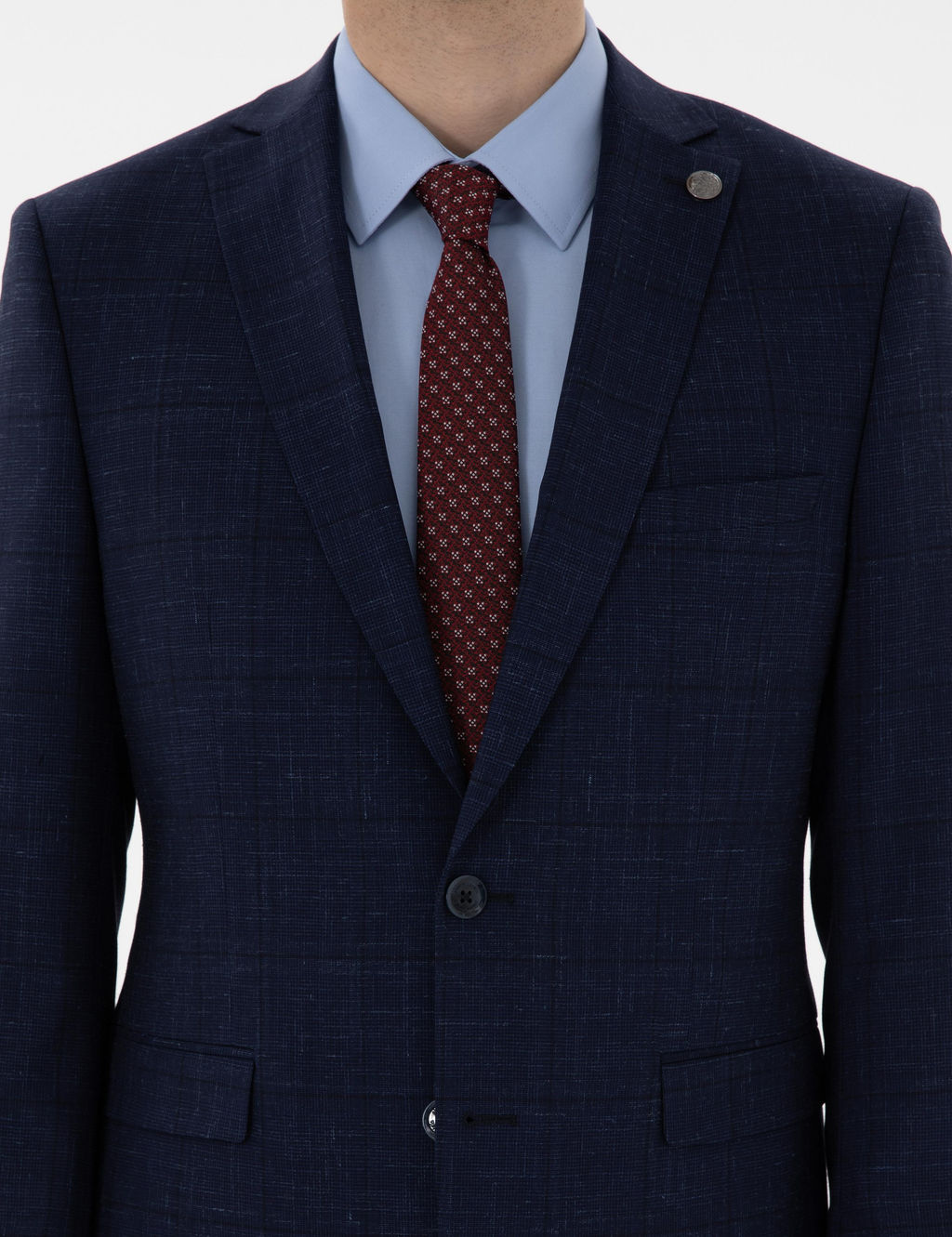 Lacivert Slim Fit Y_n Keten Kar___ml_ Tak_m Elbise