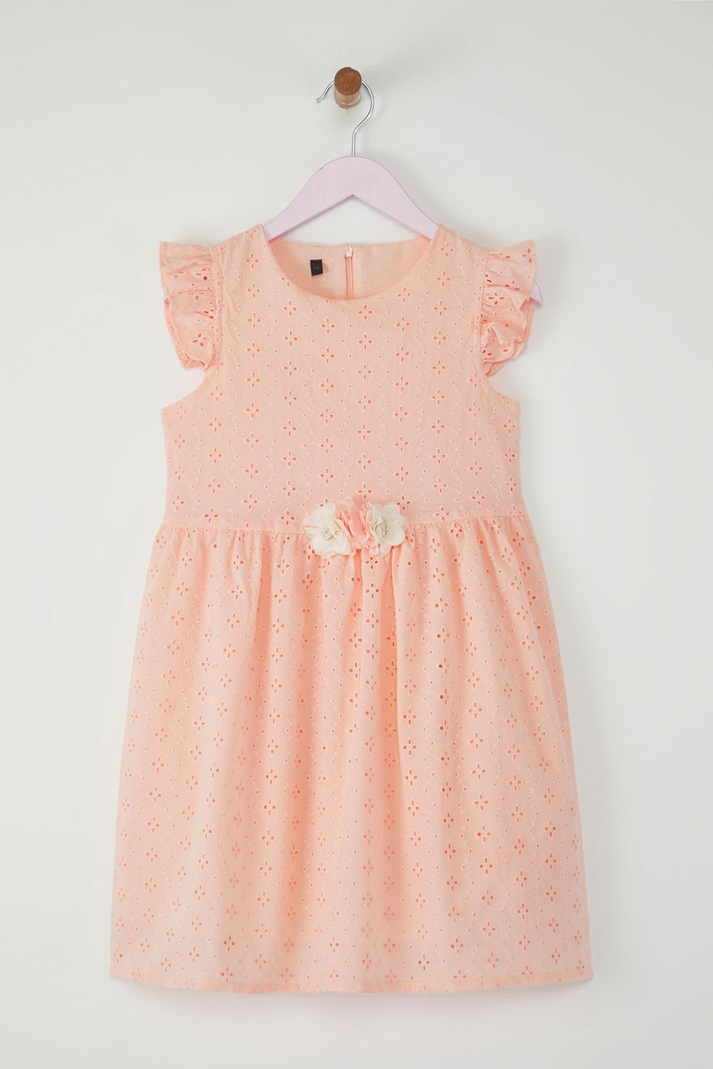 Somon Pamuklu F?rf?rl? Cicek Detayl? Mini K?sa Kol K?z Cocuk Dokuma Elbise TKDSS25EL00034