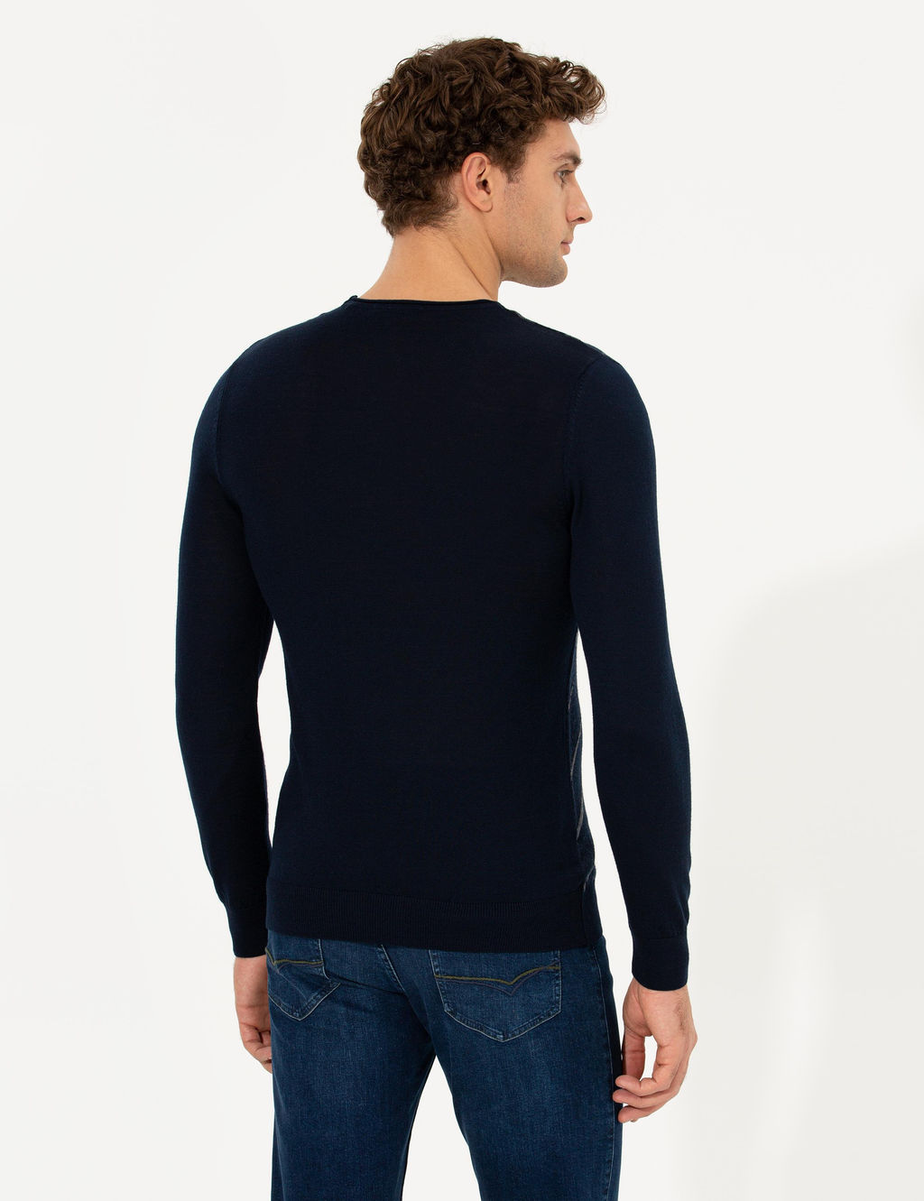 Темно-синий облегающий трикотажный свитер с круглым вырезом - Cacharel фото 5