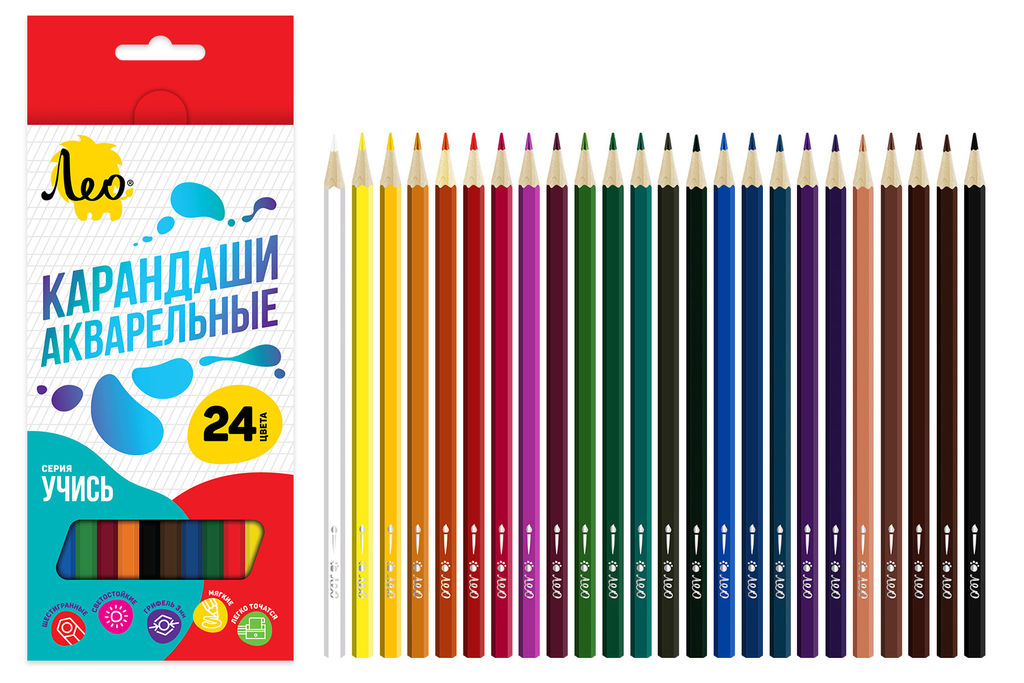 Лео Учись LNSWP-24 Набор акварельных карандашей заточенный 4 х 24 цв - Vista-artista фото 5