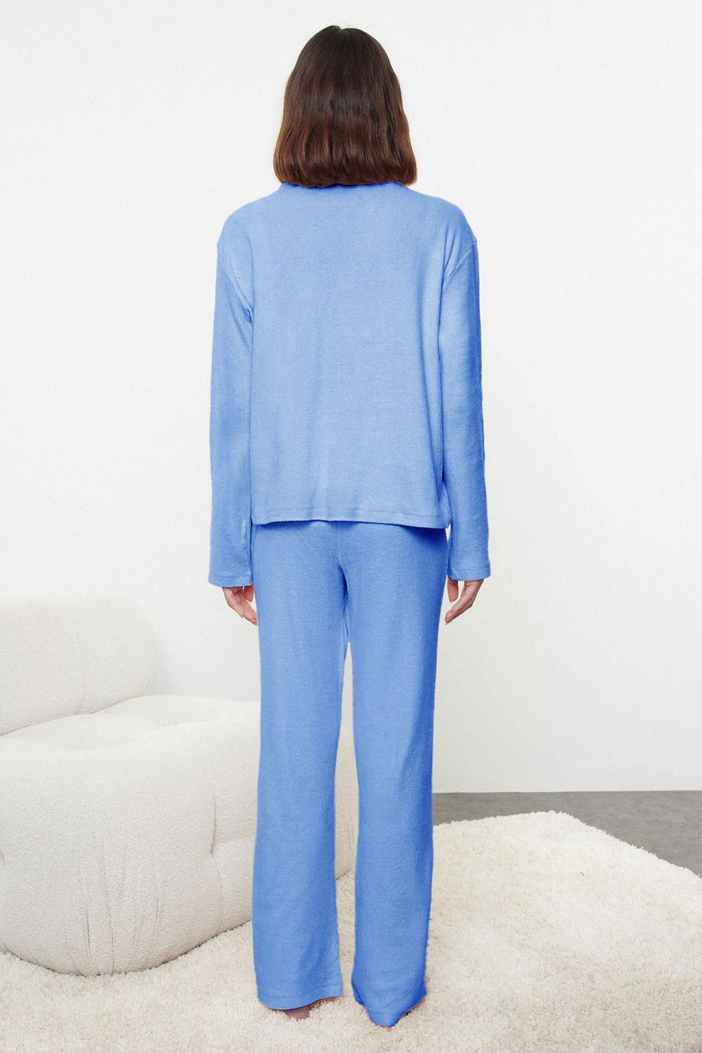 Mavi Pamuklu F?rcal? Soft Fitilli H?rka Orme Pijama Tak?m? THMAW25PT00074