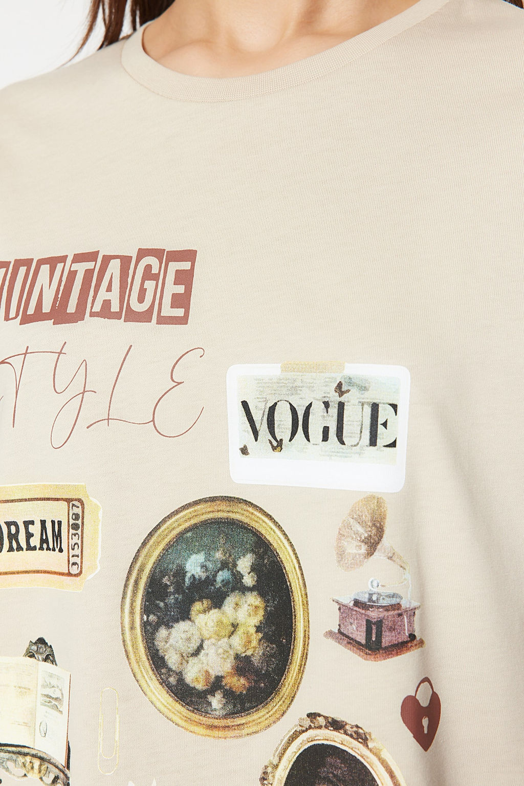 Tas %100 Kal?n Pamuklu Bask?l? Oversize Kal?p Bisiklet Yaka Orme T-Shirt TWOSS23TS00282