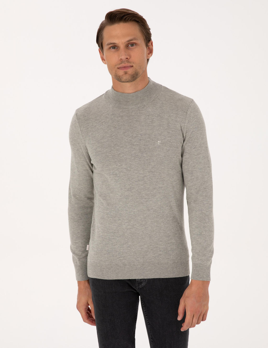 A__k Gri Melanj Slim Fit Yar_m Bal_k__ Yaka Basic Triko Kazak