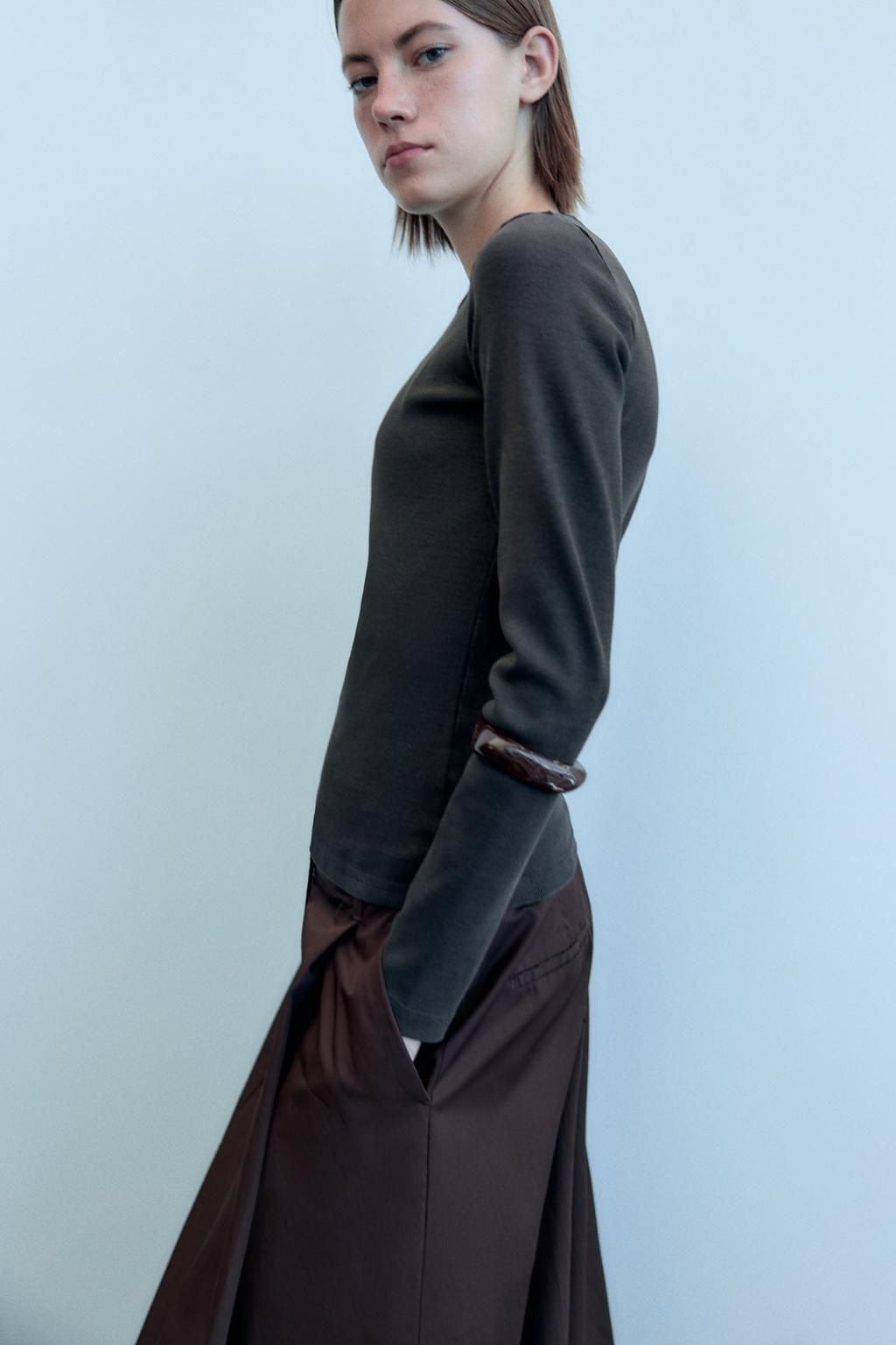 LONG SLEEVE WASHED EFFECT RIBBED T-SHIRT - Zara фото 15