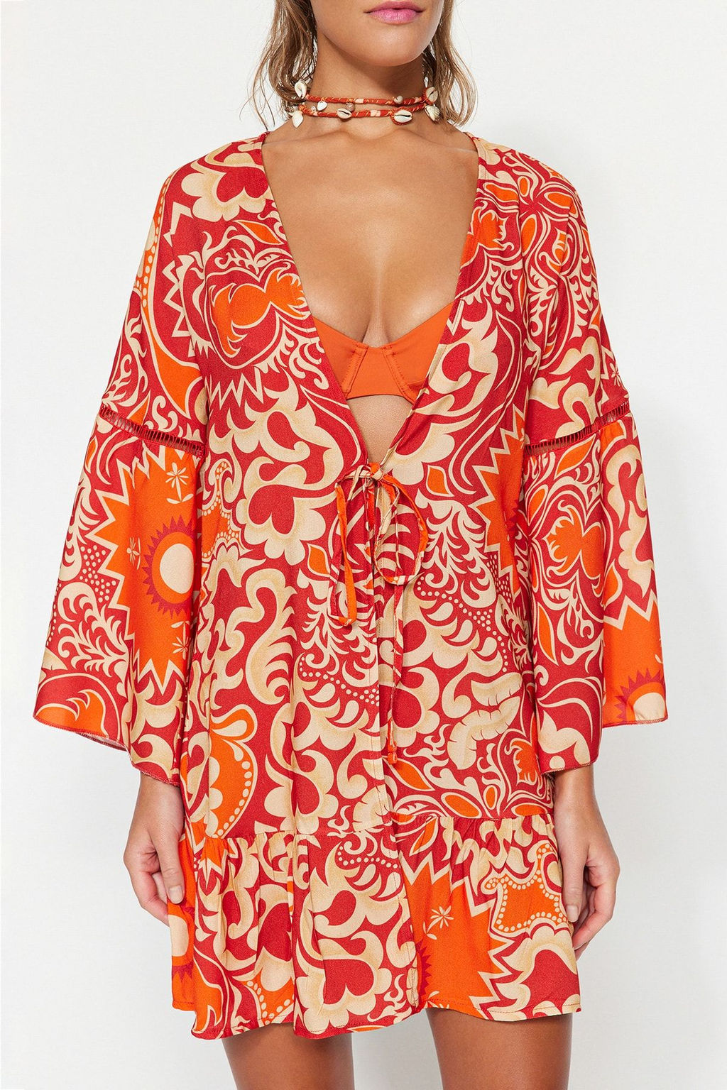 Trendyolmilla Etnik Desenli Mini Dokuma Plaj Kimono&Kaftan TBESS23KM00032