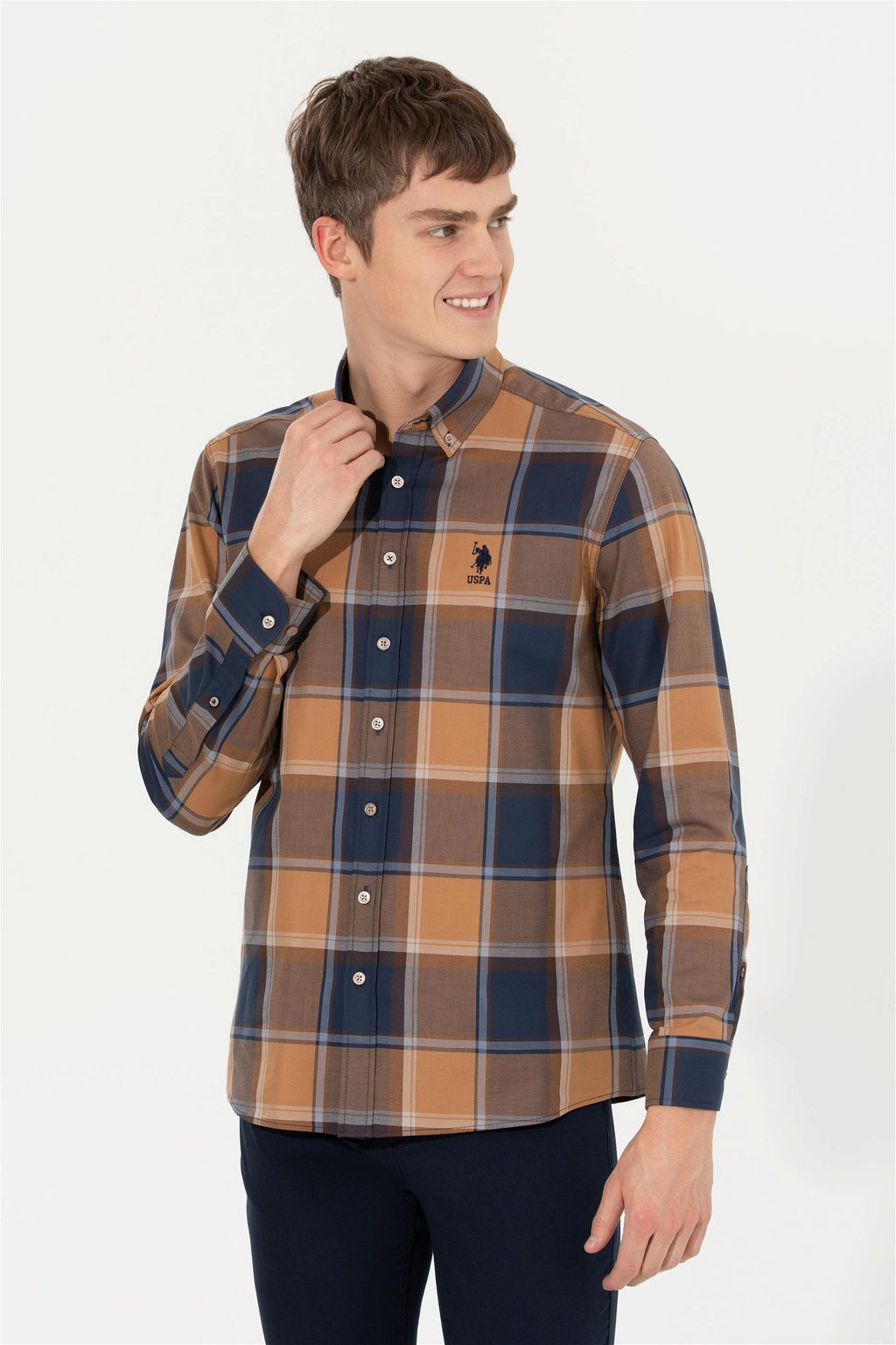U. S. Polo Assn Мужская рубашка светло-коричневого цвета в клетку - U.s. polo assn фото 10