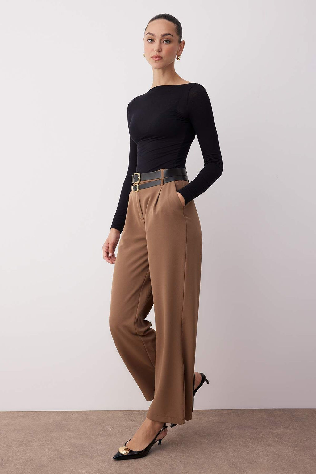 Vizon Cift Kemer Detayl? Wide Leg/Genis Paca Pantolon TWOAW26PL00013 - Trendyolmilla фото 2