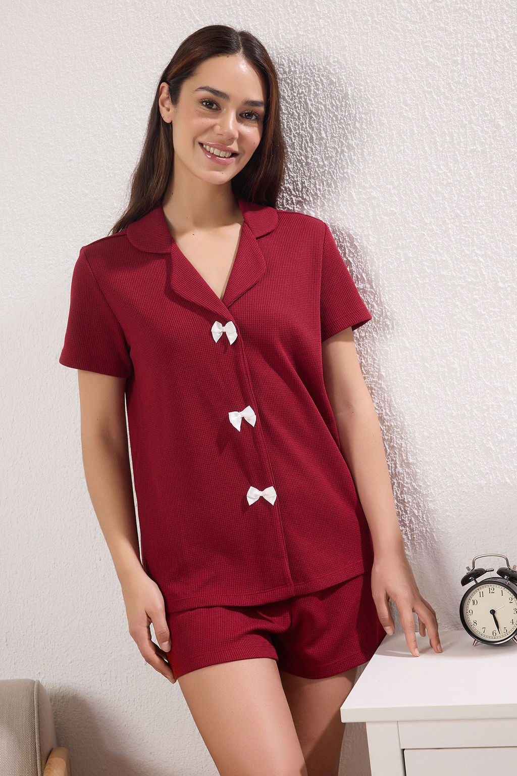 Trendyolmilla Pembe Kurdele/Fiyonk Detayl? Waffle Kumas Sortlu Orme Pijama Tak?m? THMSS25PT00014  фото 18