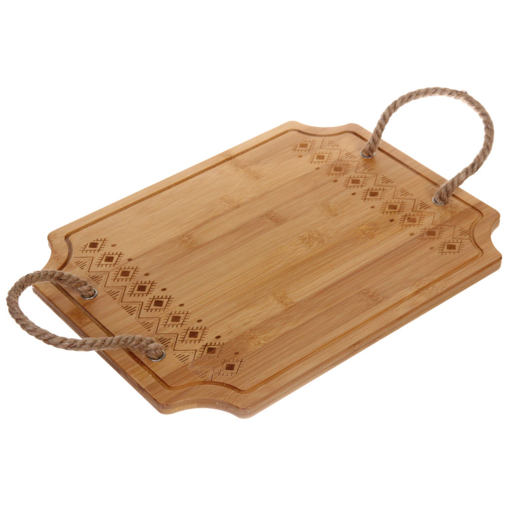 Доска бамбуковая для подачи и сервировки "SHEF" узор с ручками 38*29см