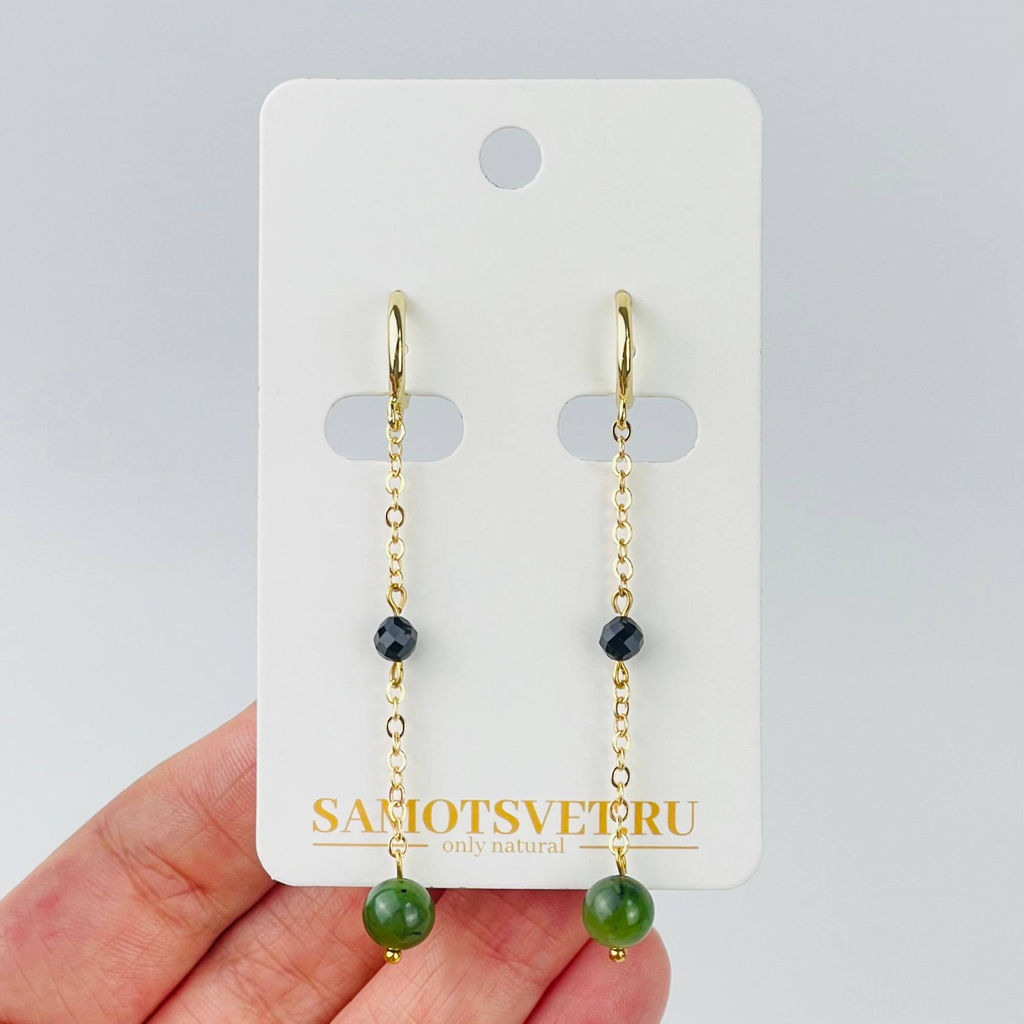 Серьги на цепочке из Нефрита и Шпинели