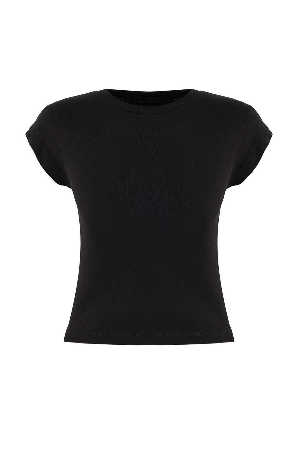 Siyah Fitted/Vucuda Oturan Ay Kol K?sa Kollu Pamuk Ribana Orme T-Shirt TWOSS26TS00020