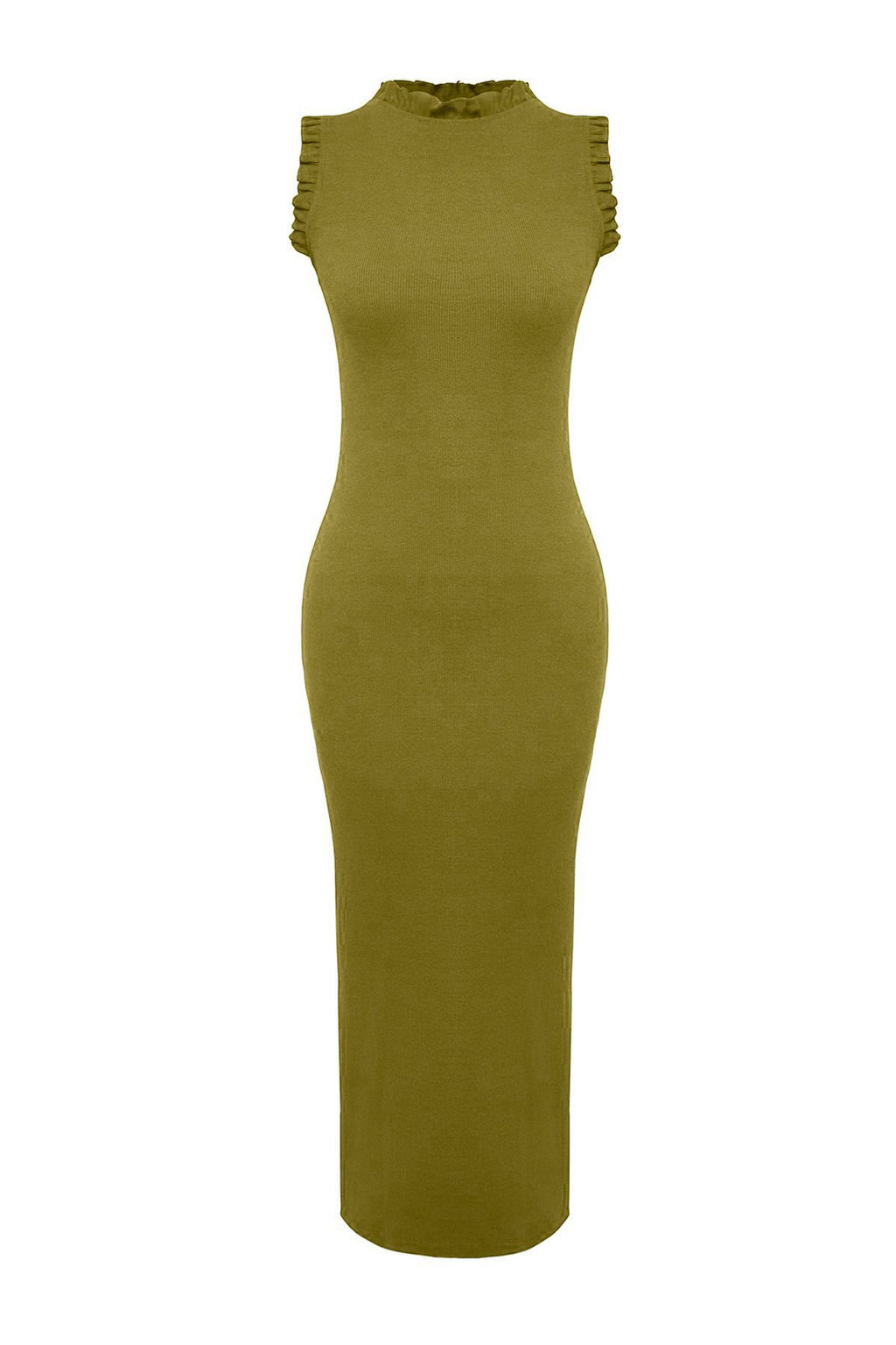 Yag Yesili F?rf?r Detayl? Fitilli Vucuda Oturan Midi Esnek Orme Kalem Elbise TWOSS22EL1569