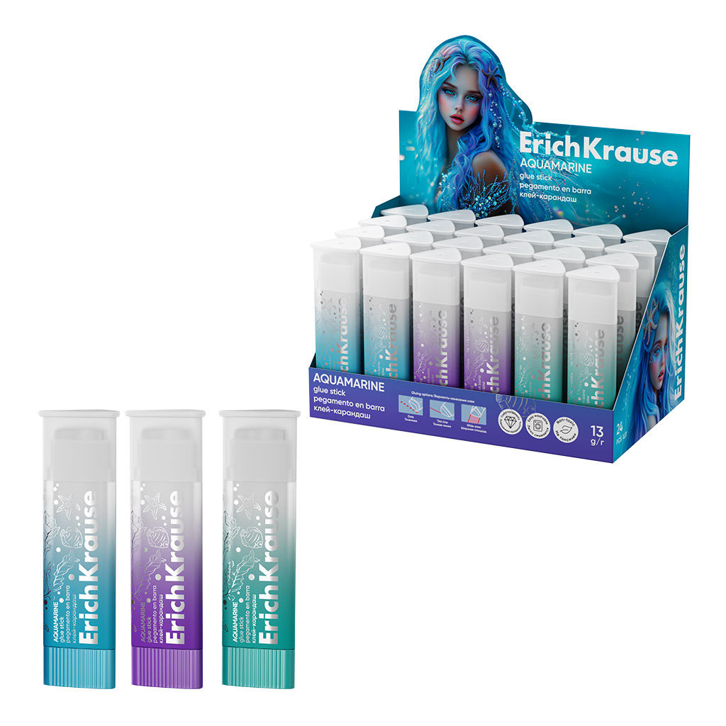 Цена за 24 шт. Клей-карандаш ErichKrause Prism Aquamarine, 13г, ассорти, повышенной прозрачности (в коробке-дисплее по 24 шт.)