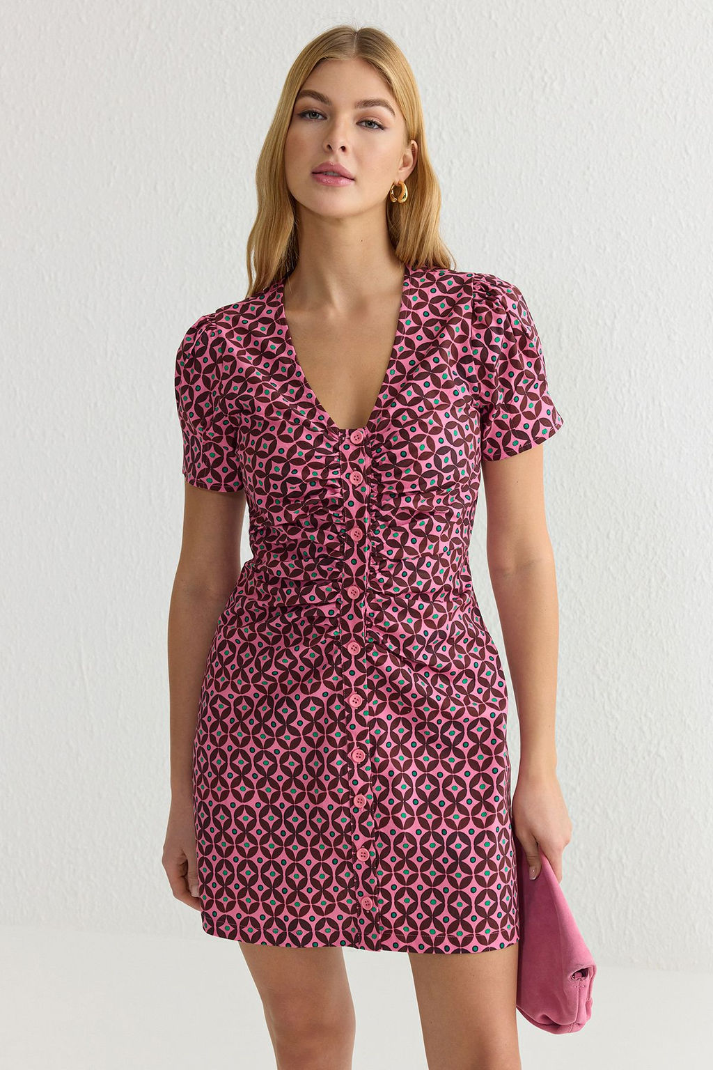 TRENDYOLMILLA Mor Retro Desenli Mini Dokuma Gomlek Elbise TWOSS25EL00080  фото 2
