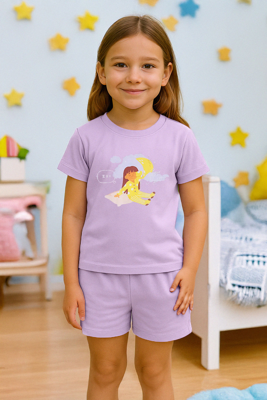 Ekru 3lu K?z Cocuk %100 Pamuk Bask?l? Uyku Bantl? K?sa Kol Orme Pijama Tak?m? TKDSS25PT00036 - Trendyolmilla фото 2