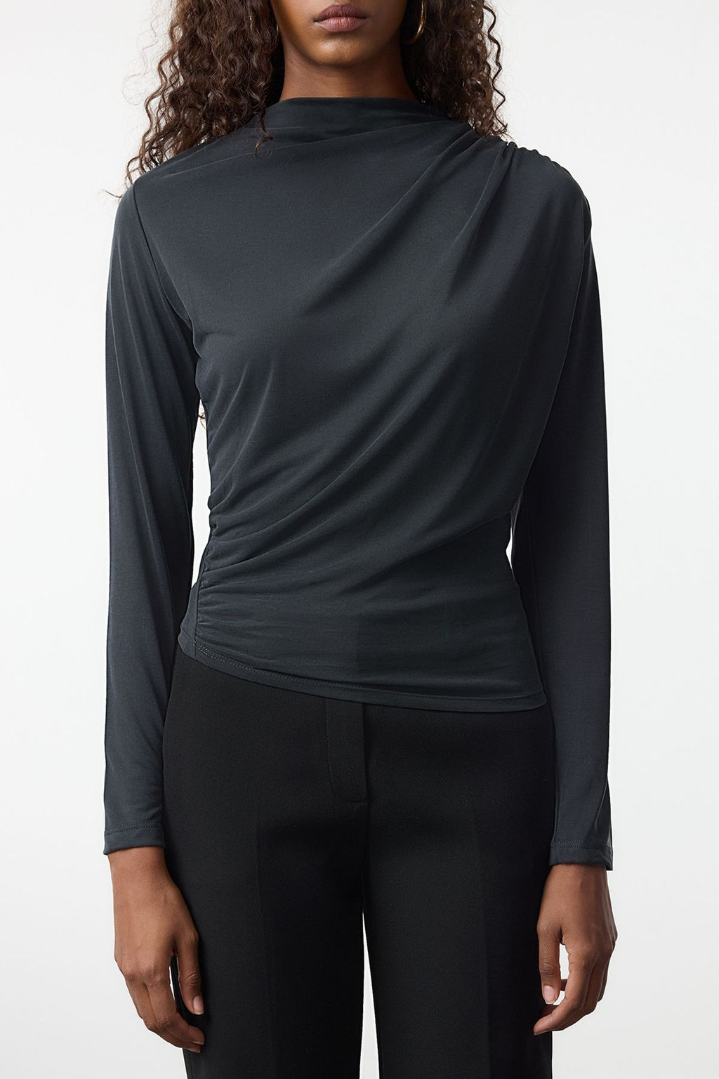 More Sustainable Indigo Modal Kumas Kay?k Yaka Drape/Buzgu Detayl? Orme Bluz TWOAW25BZ00281 - Trendyolmilla фото 8