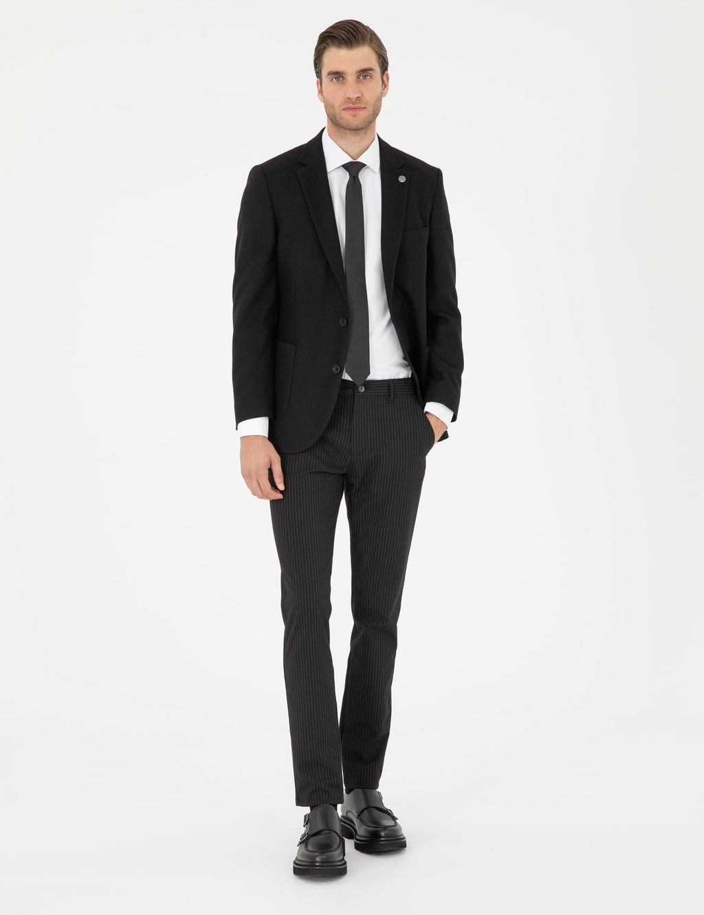Siyah Slim Fit _izgili Kanvas Pantolon