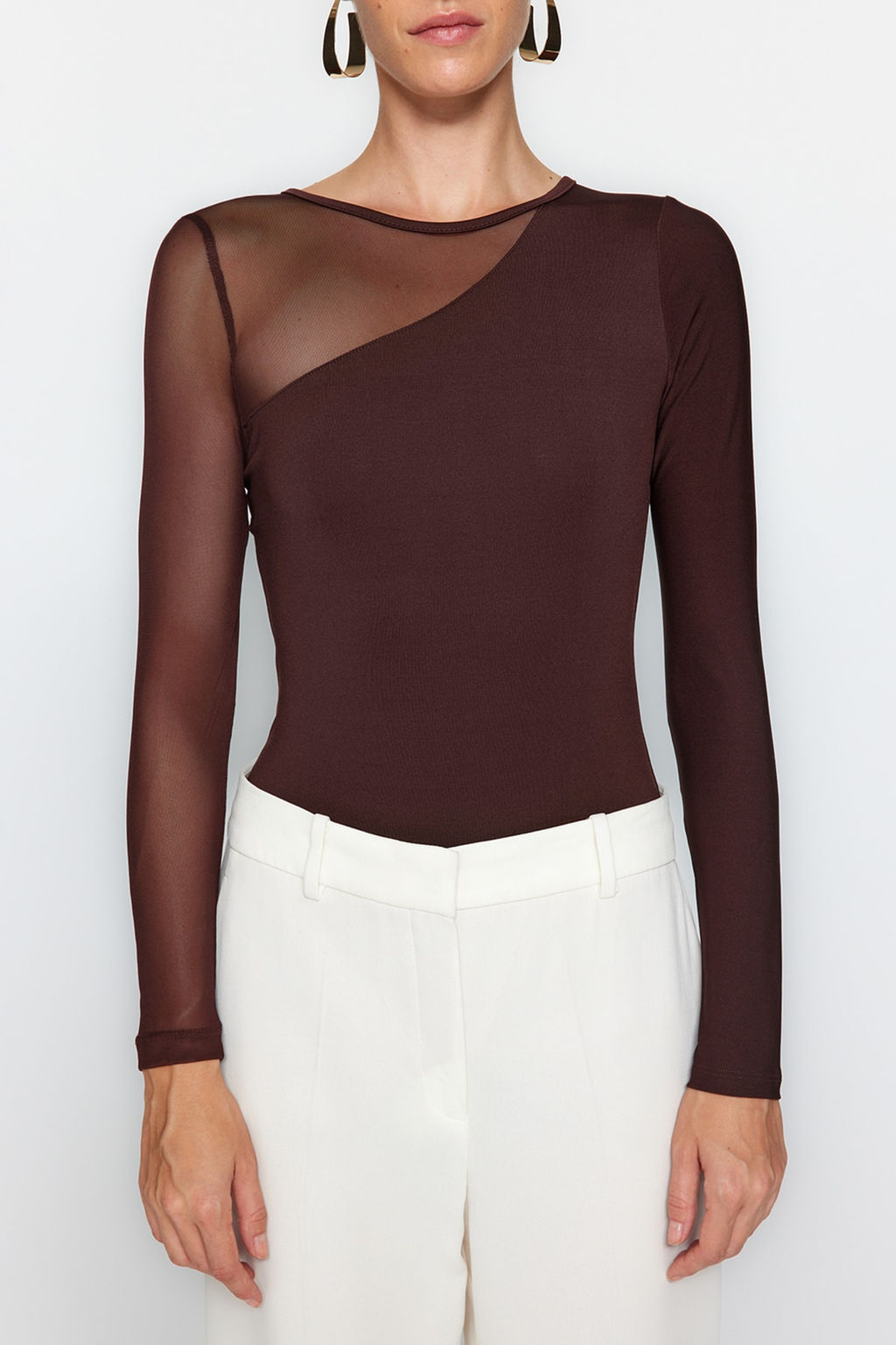 TRENDYOLMILLA Kahverengi Tul Detayl? C?tc?tl? Esnek Orme Body TWOAW24BD00021  фото 8