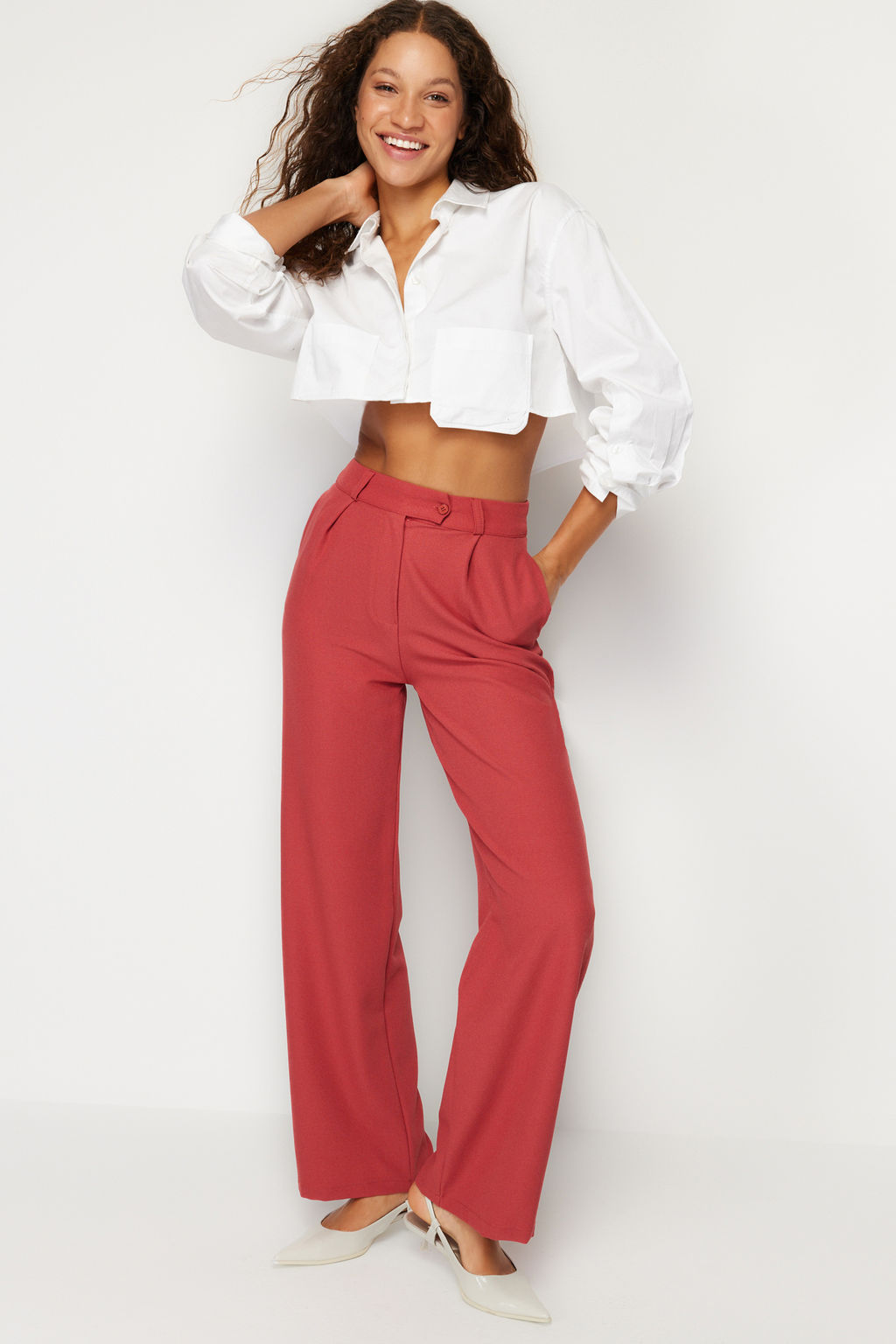 TRENDYOLMILLA Haki Wide Leg/Genis Paca Dokuma Kumas Pantolon TWOAW22PL0263  фото 23