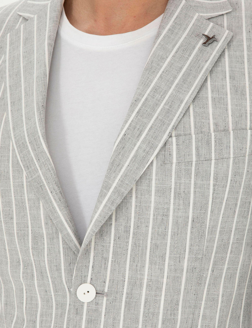 A__k Gri Slim Fit Y_n Keten Kar___ml_ Ceket