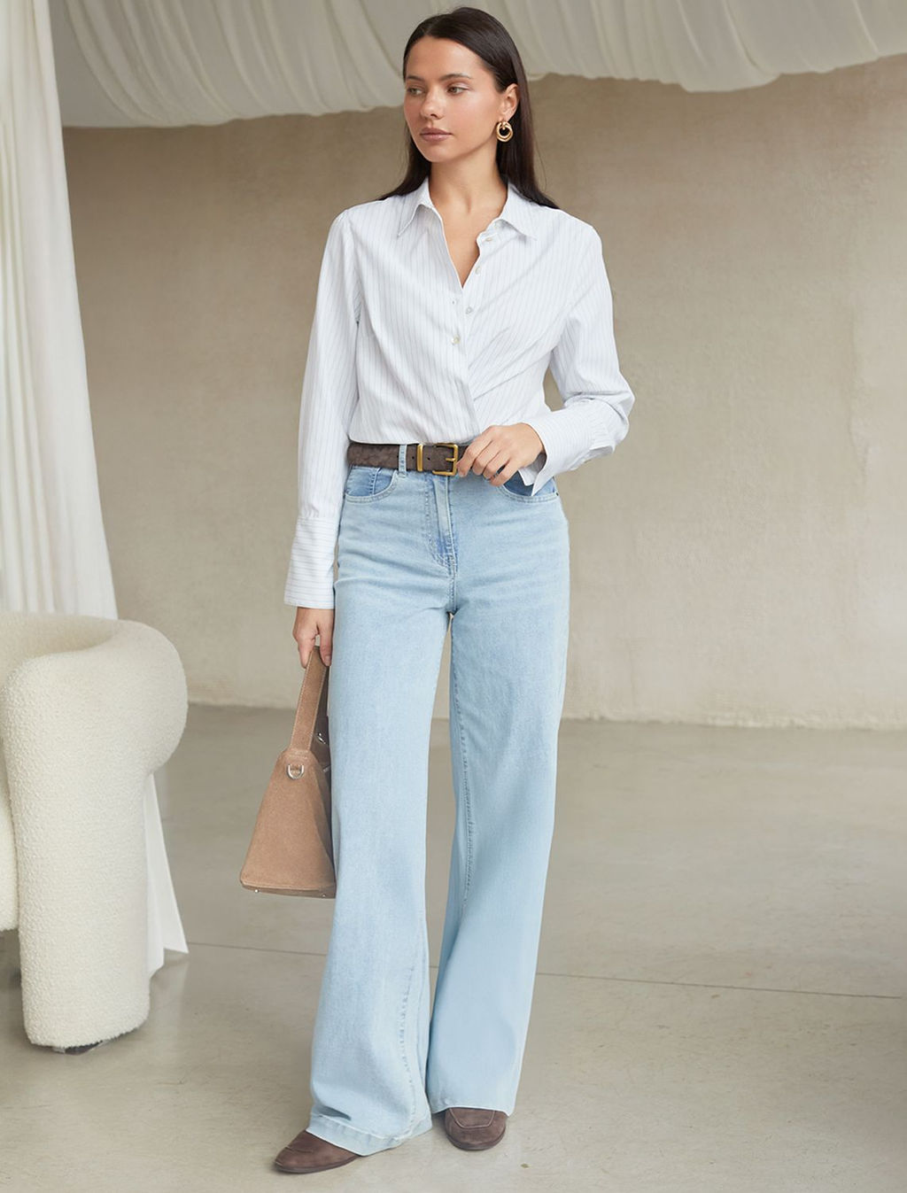 Блузка свободного силуэта в тонкую полоску из эластичного хлопка с добавлением льна - Vilatte фото 5