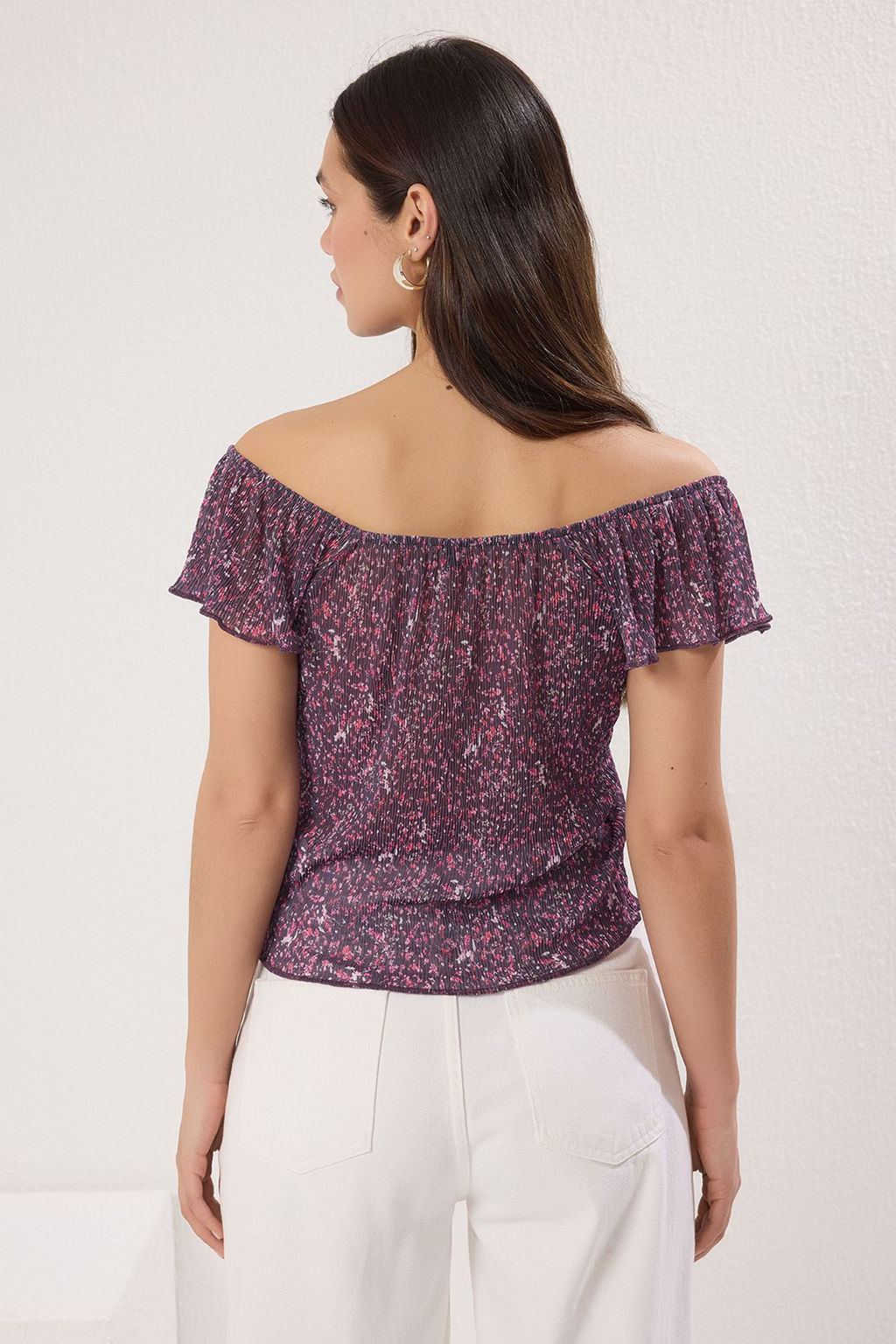 Mor Cicek Bask?l? Crop Carmen Yaka Buzgulu Kol Orme Bluz TWOSS25BZ00116 - Trendyolmilla фото 4