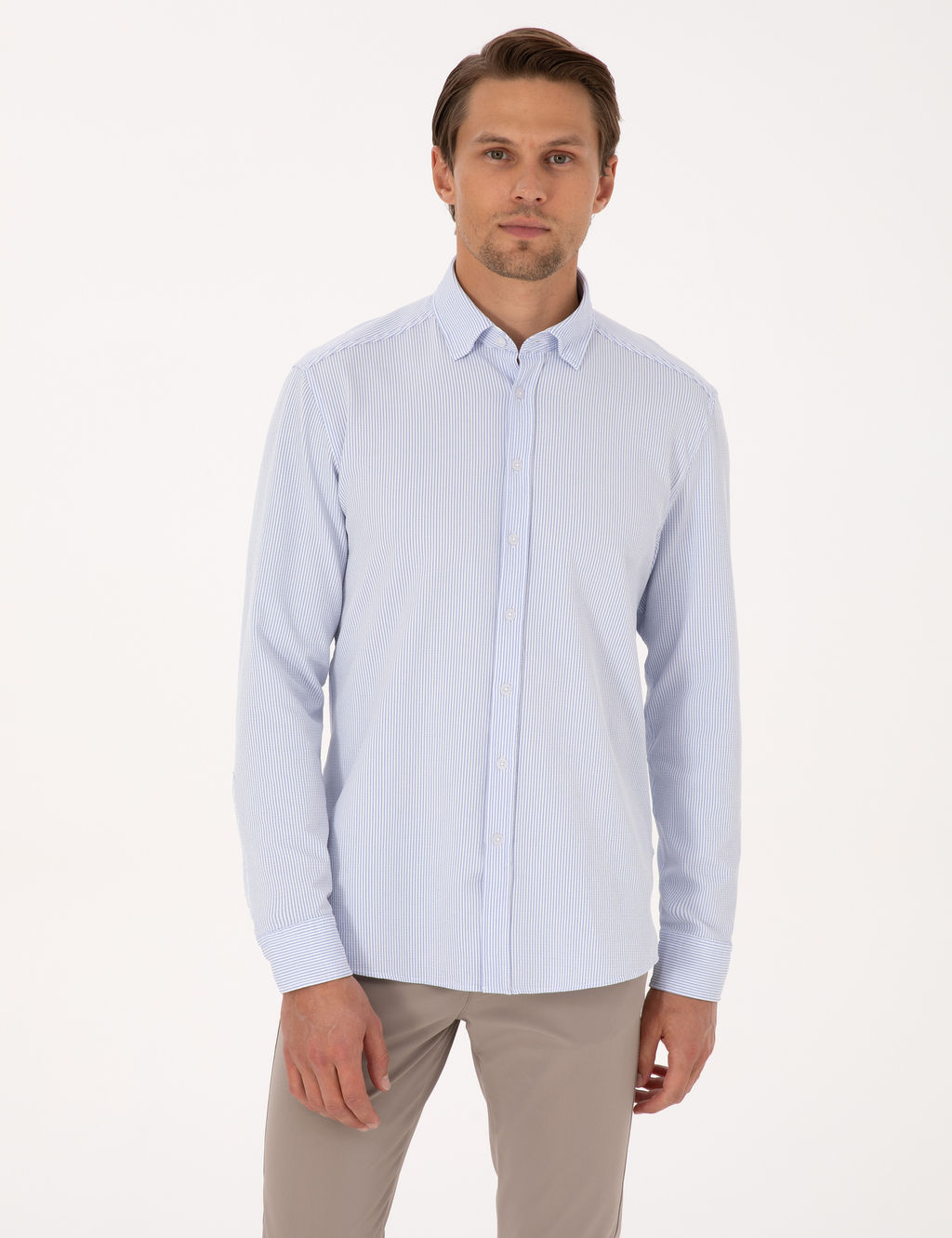 A__k Mavi Esnek Slim Fit _izgili Uzun Kollu G_mlek