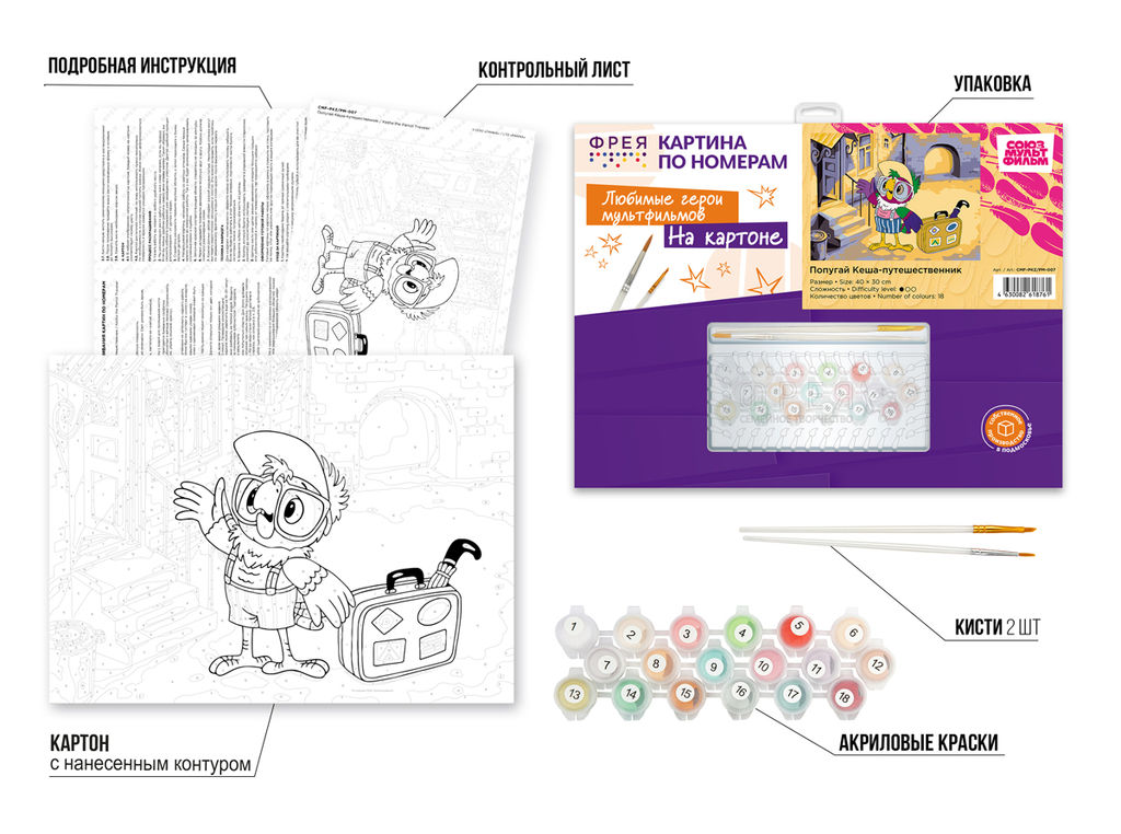 ФРЕЯ CMF-PKZ/PM-007 Набор для раскрашивания по номерам (на картоне) 40 х 30 см Попугай Кеша-путешественник