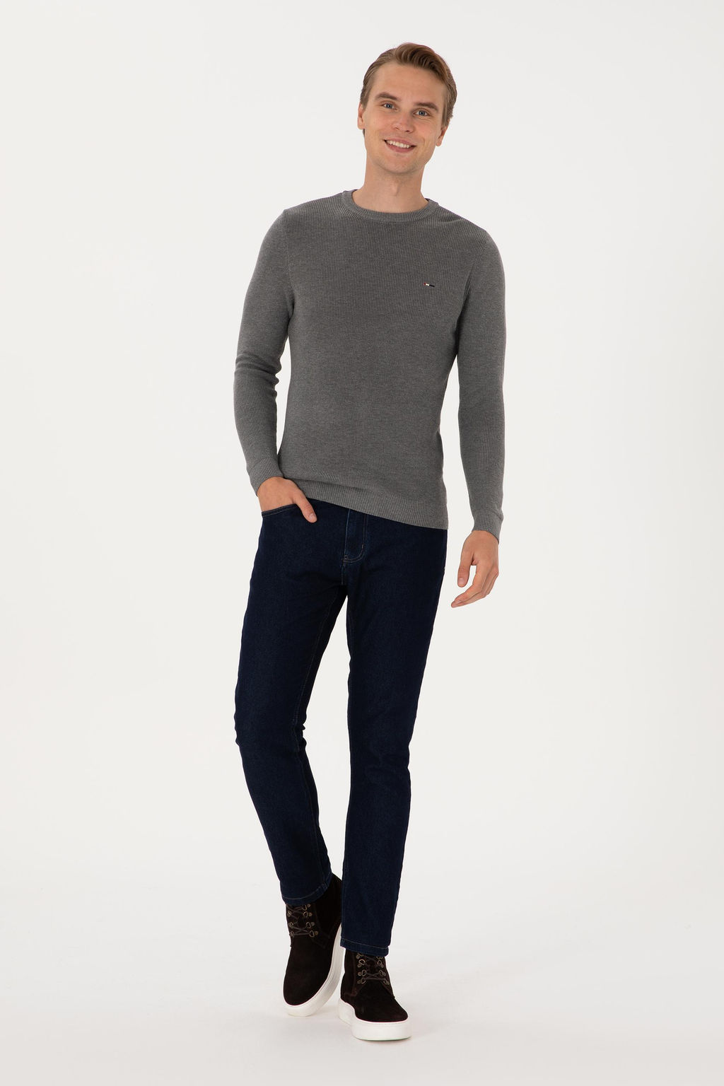 Erkek Slim Fit Bisiklet Yaka Gri Melanj Basic Kazak - U.s. polo assn фото 4