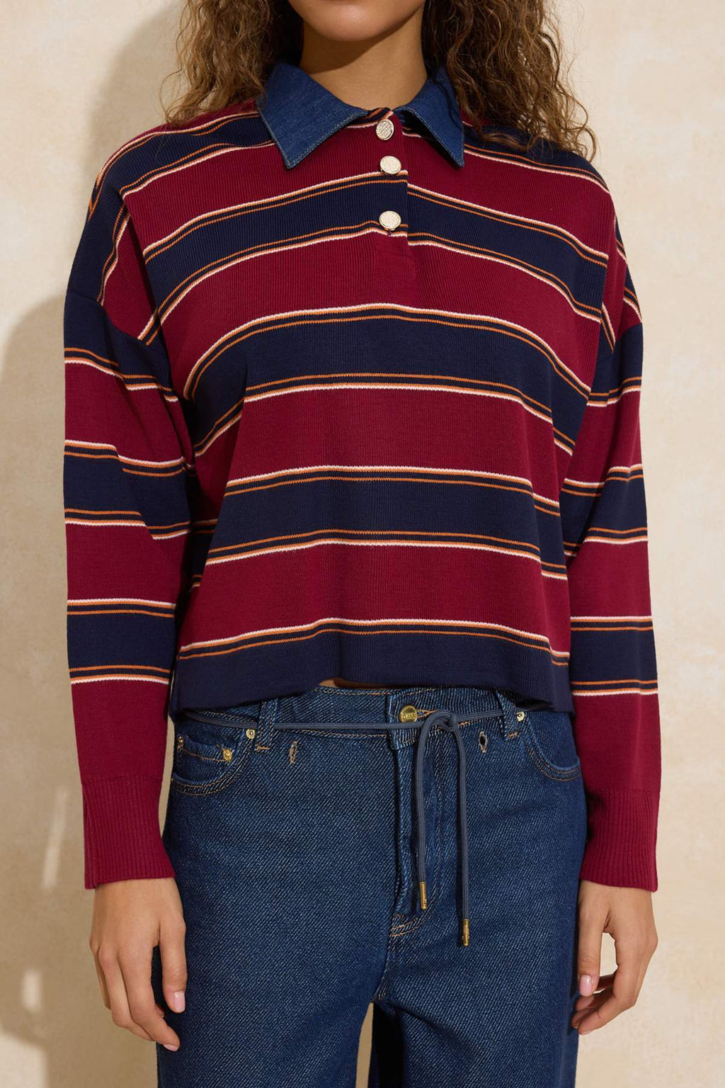 Cok Renkli Cizgili Denim Garnili Polo Yaka Triko Kazak TWOAW26KZ00283