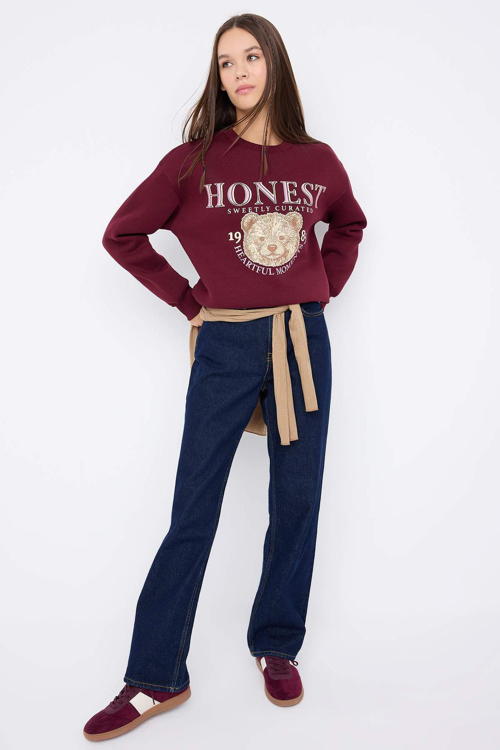 Teen Bordo Kal?n Ici Polarl? Ay?c?k Bask?l? Regular/Normal Kesim Orme Sweatshirt TWOAW26SW00199 - Trendyolmilla фото 2