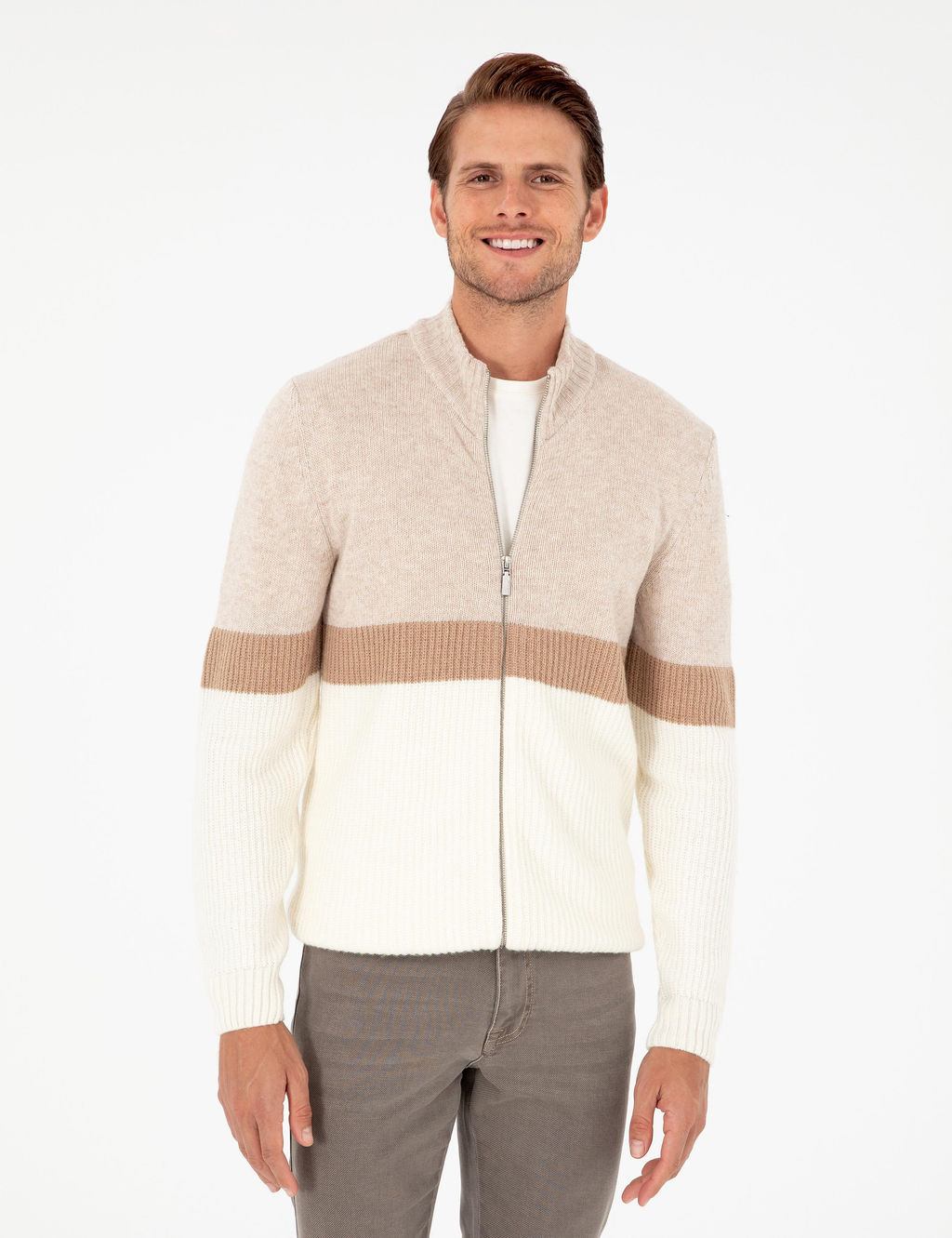 Ekru Regular Fit Y_n Kar___ml_ Fermuarl_ Triko H_rka