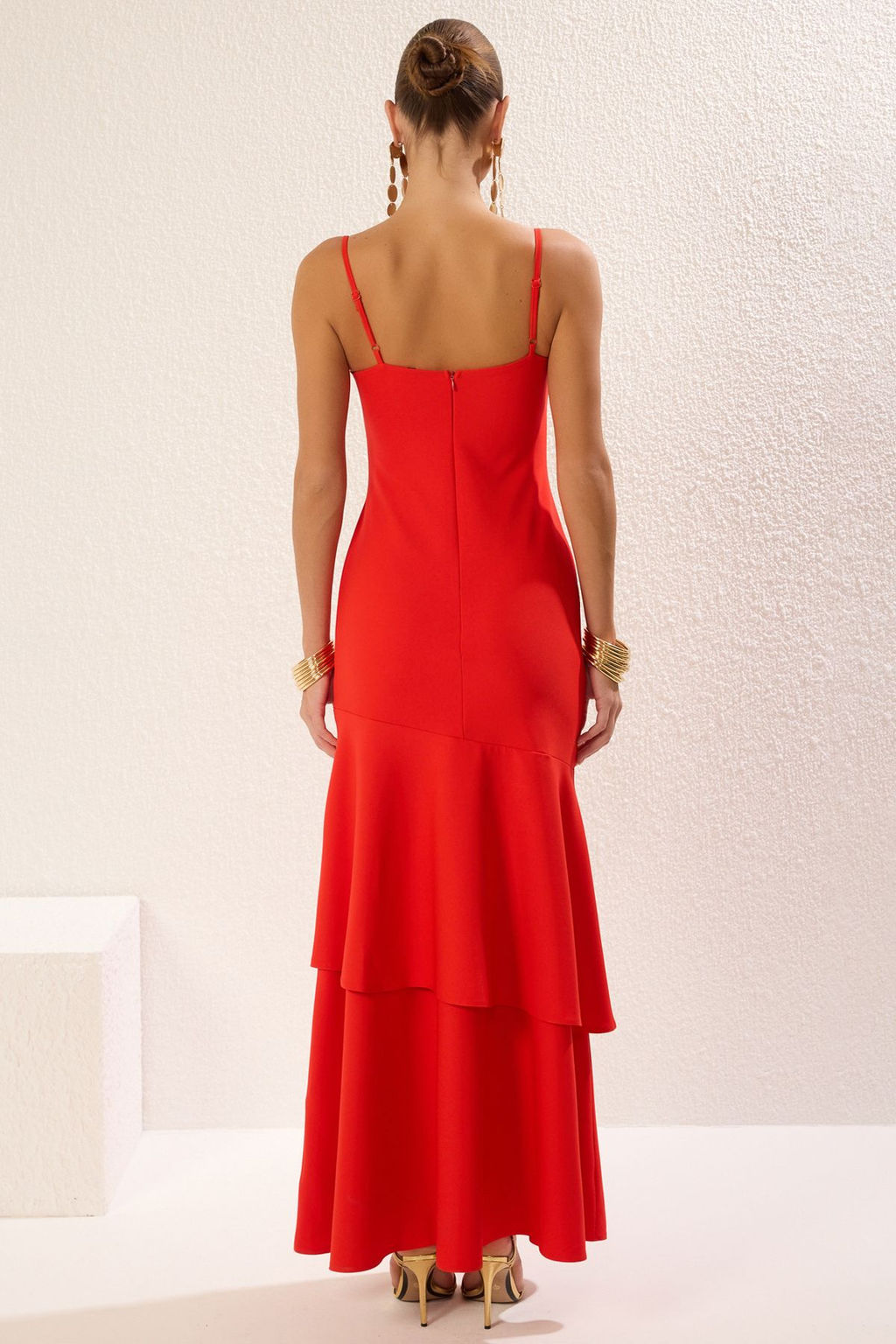 TRENDYOLMILLA Nar Cicegi A-Kesim Cut Out/Pencere Detayl? Dokuma Uzun S?k Abiye Elbise TPRSS25AE00048  фото 5