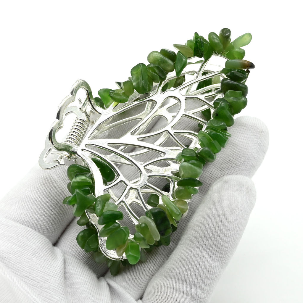 Заколка краб для волос бабочка с нефритом 8*3,5*5см