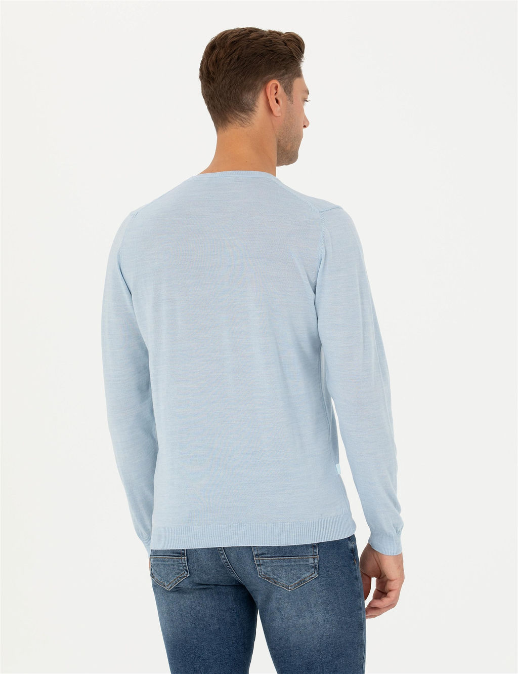 A__k Mavi Slim Fit Bisiklet Yaka Y_n Kar___ml_ Basic Triko Kazak