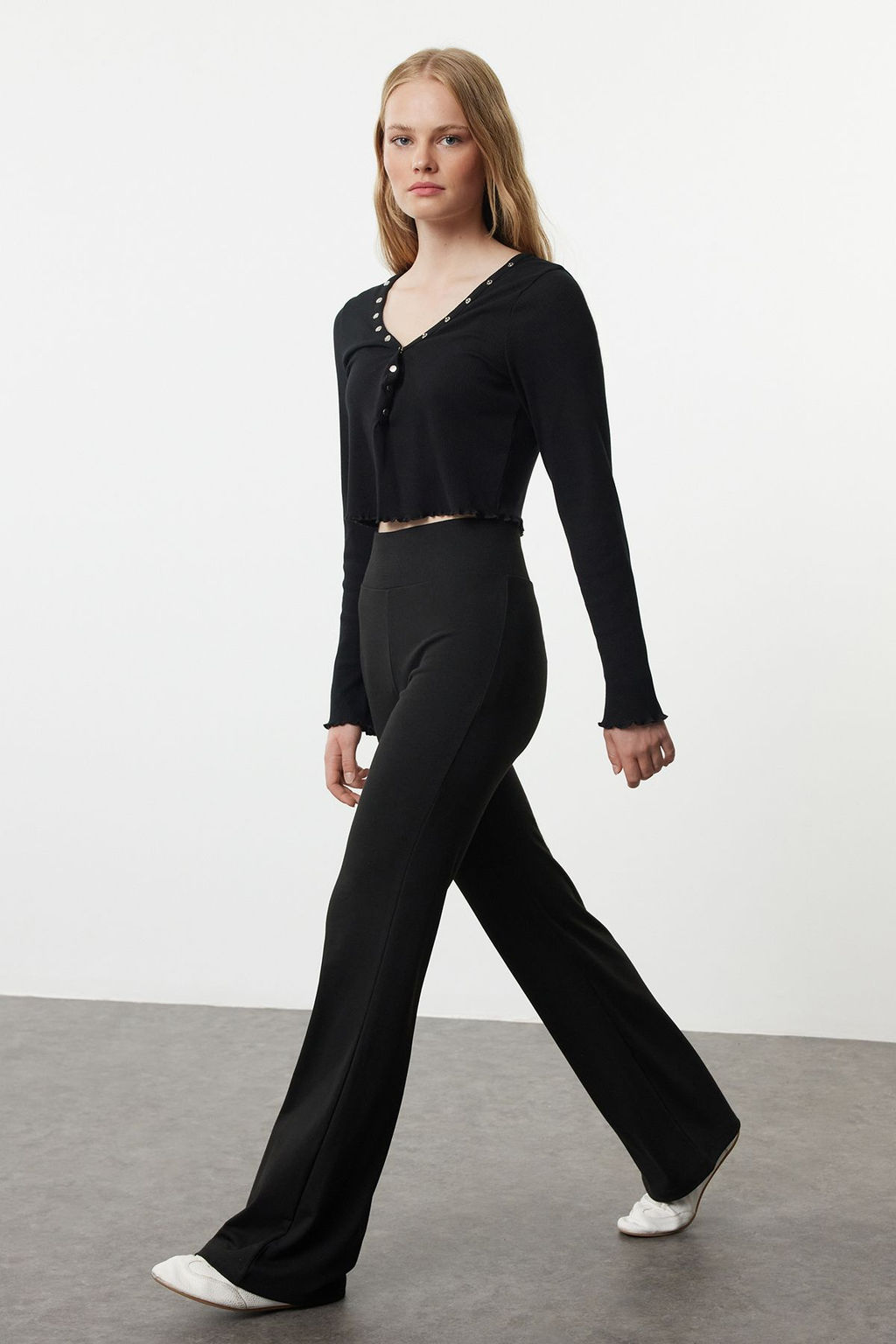 TRENDYOLMILLA Siyah Wide Leg/Ispanyol Paca Yuksek Bel Interlok Esnek Orme Pantolon TWOAW25PL00006 фото 11