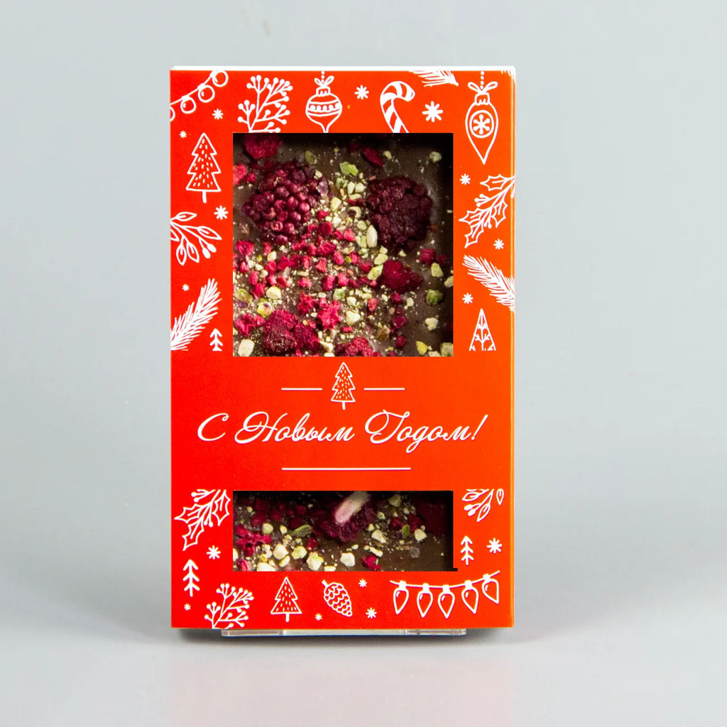 Молочный шоколад с малиной, ежевикой и фисташками, красная коробочка #9, 85гр