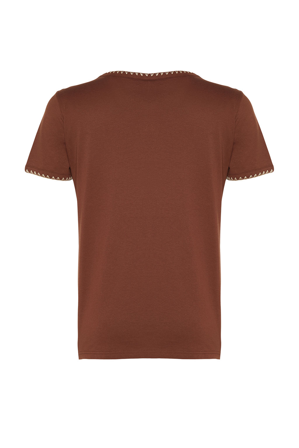 Kahverengi %100 Pamuk Kontrast Dikis Detayl? Basic Bisiklet Yaka Orme T-Shirt TWOSS19AD0085