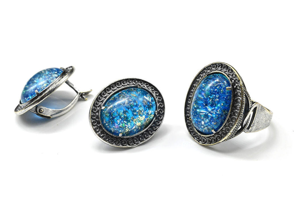 Кольцо Серьги с опалом искусственным, цв.голубой размер 20