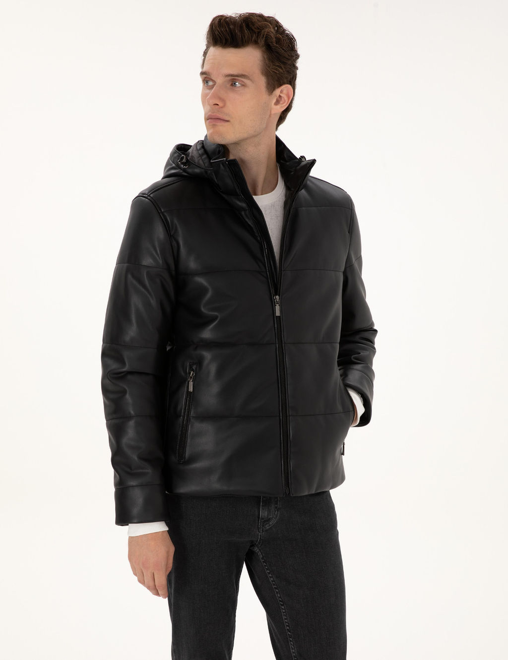 Siyah Kap__onlu Suni Deri Ceket - Pierre cardin фото 3