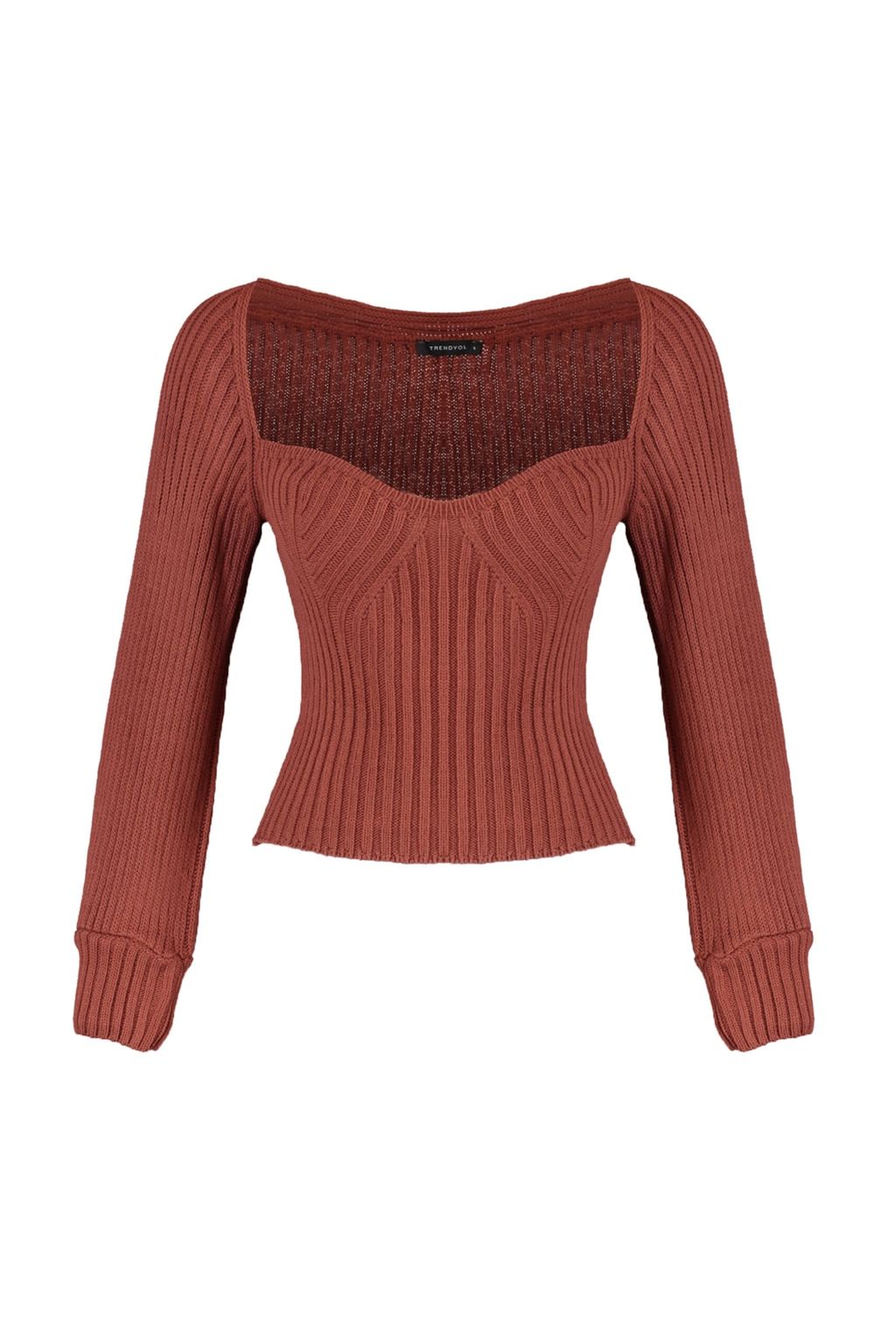 Kahverengi Crop Kalp Yaka Triko Kazak TWOAW22KZ1760 - Trendyolmilla фото 6