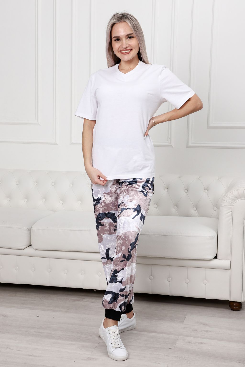 Брюки женские из велюра на манжетах Камуфляж бежевый - Амадэль фото 13