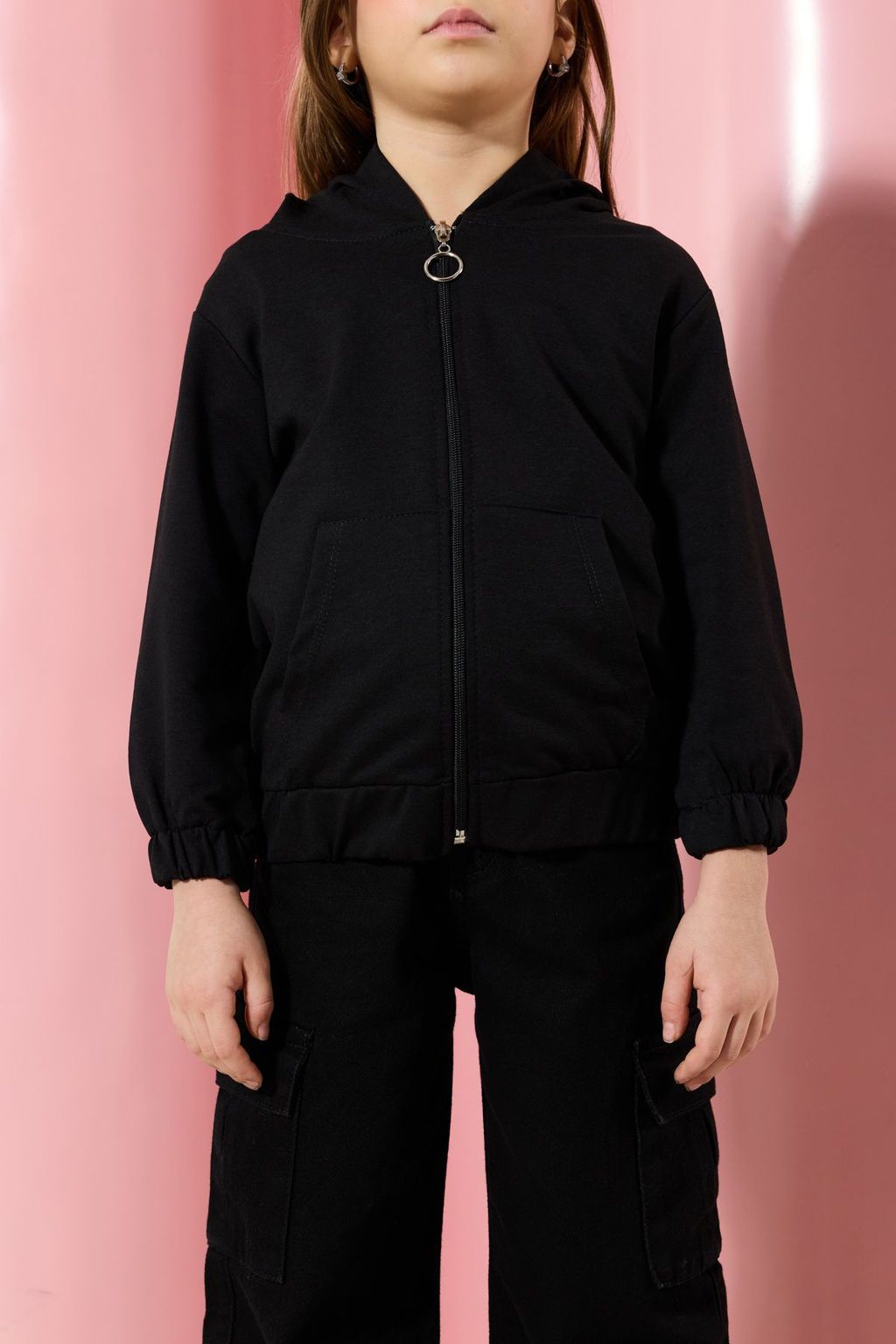 Siyah Melanj Unisex Kapusonlu Pamuklu Fermuarl? Orme H?rka TKDAW25HI00001