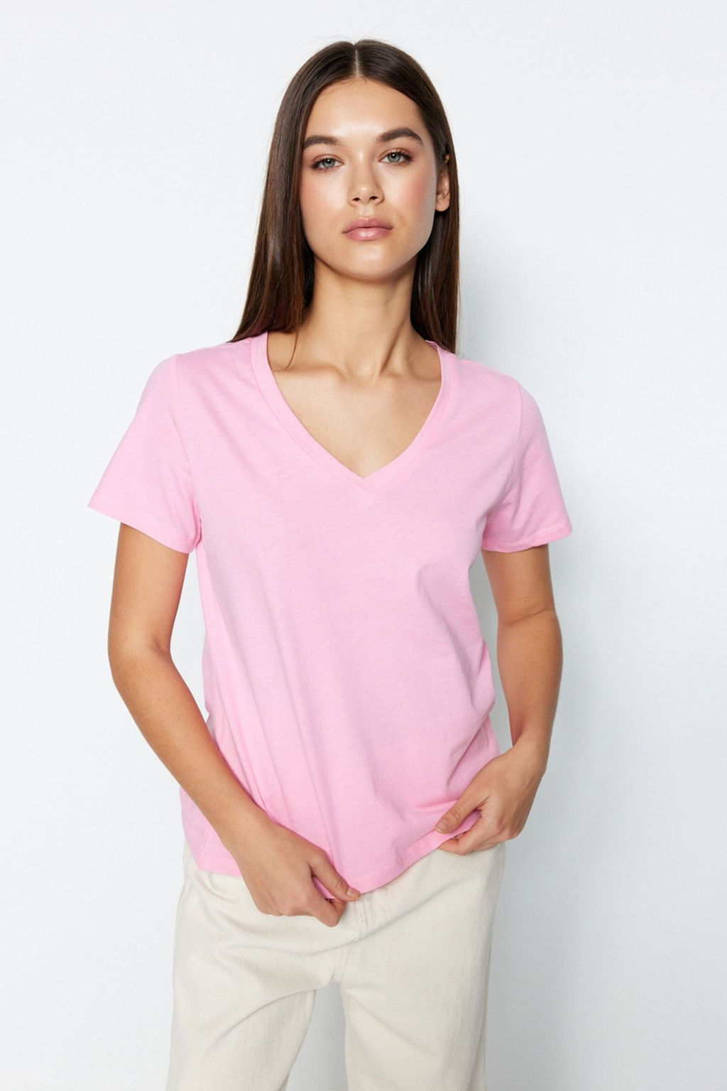 Pembe-Mint %100 Pamuk 2li Paket Basic V Yaka Orme T-Shirt TWOSS23TS00002