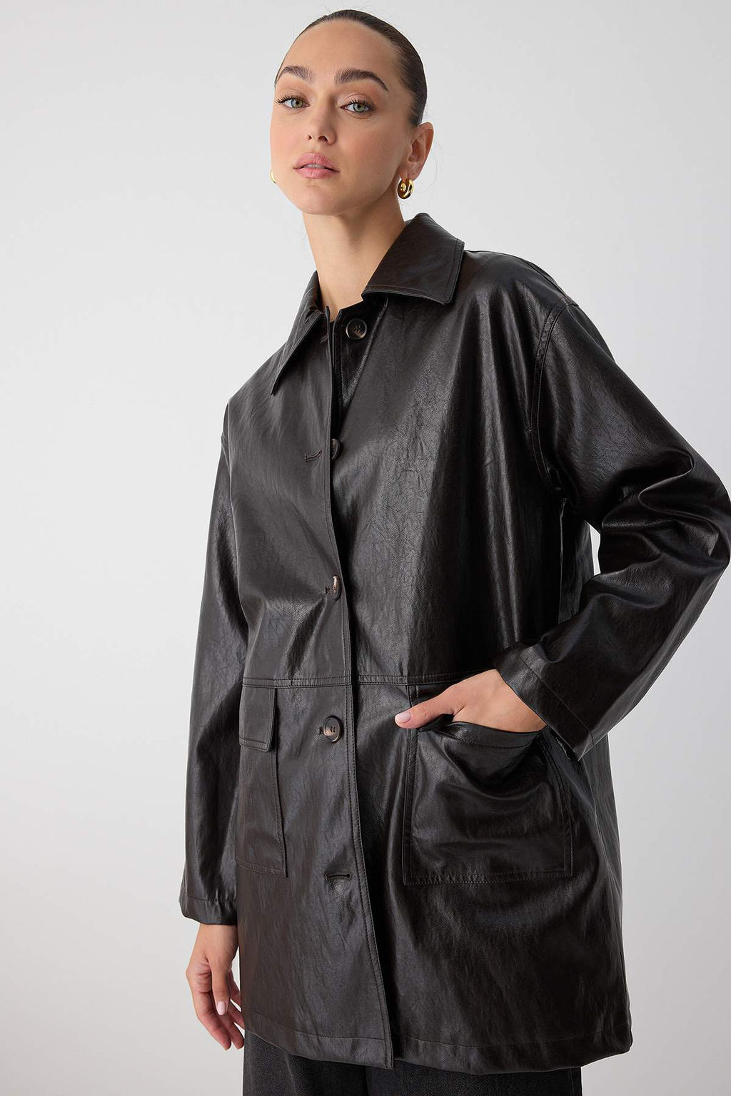 Wardrobe Essentials Koyu Kahverengi Suni Deri Oversize Midi Trenckot TWOAW26TR00009 - Trendyolmilla фото 2